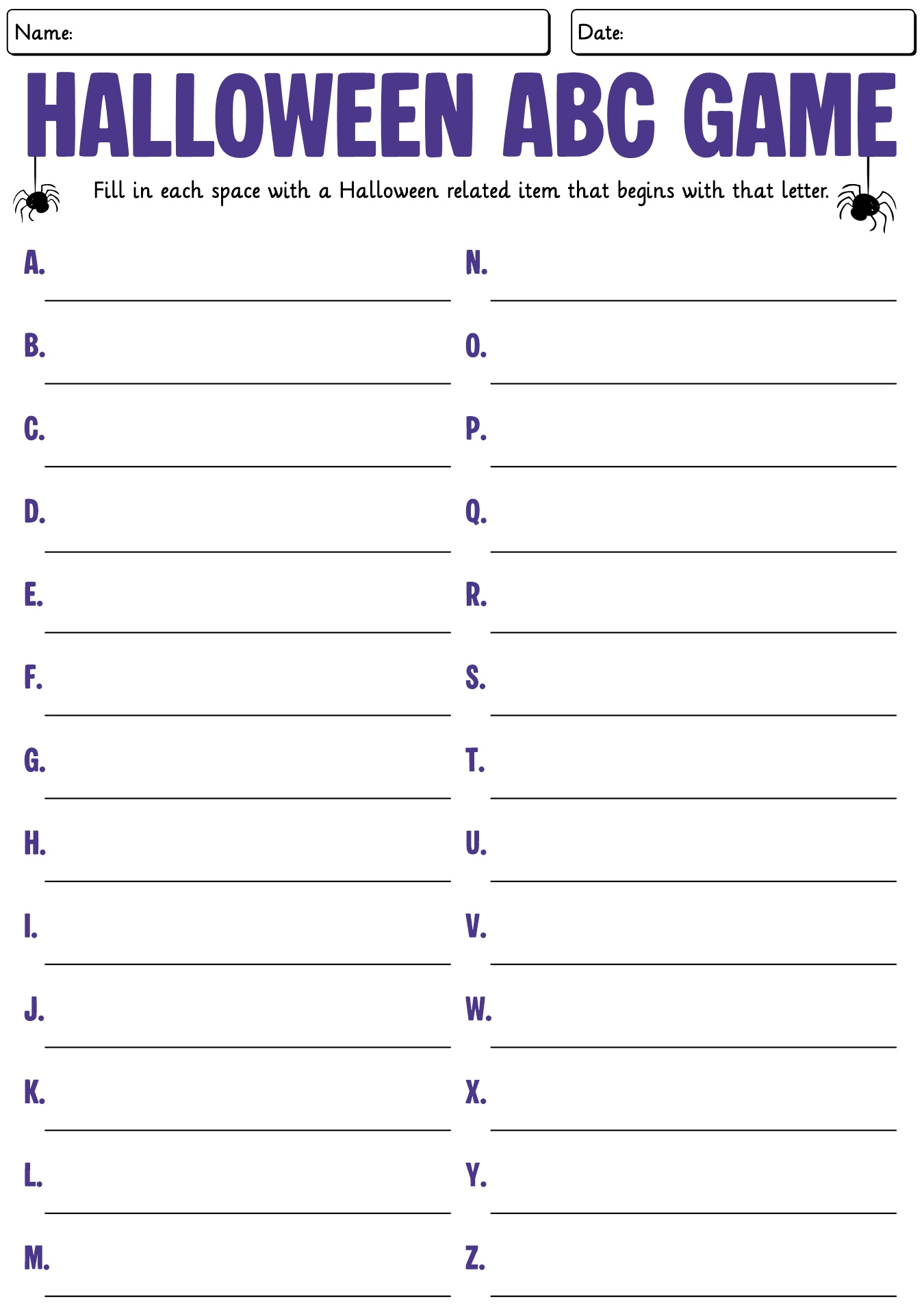 Halloween ABC Challenge Fill-In Worksheet