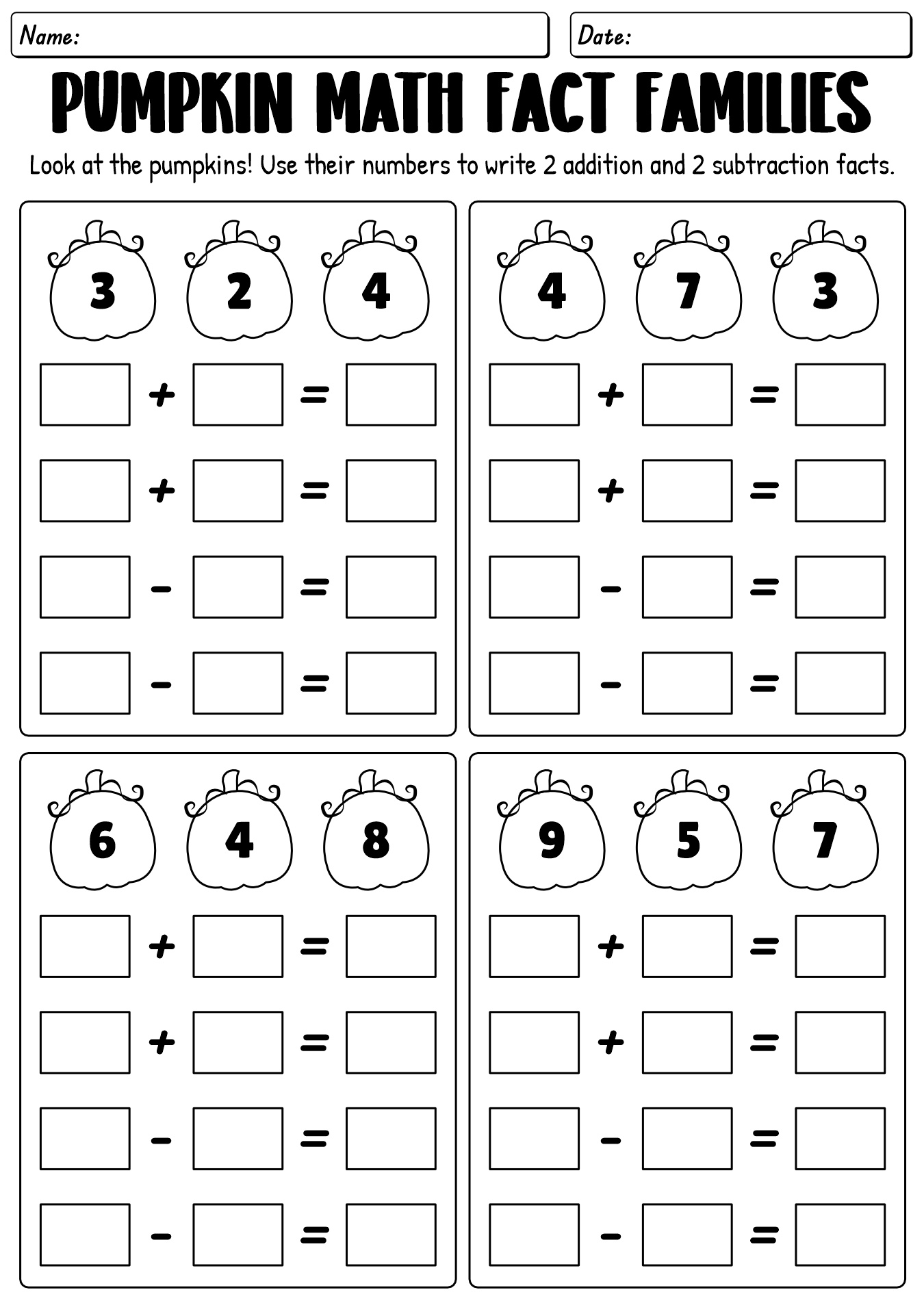 Halloween Addition and Subtraction Fact Family Sheets