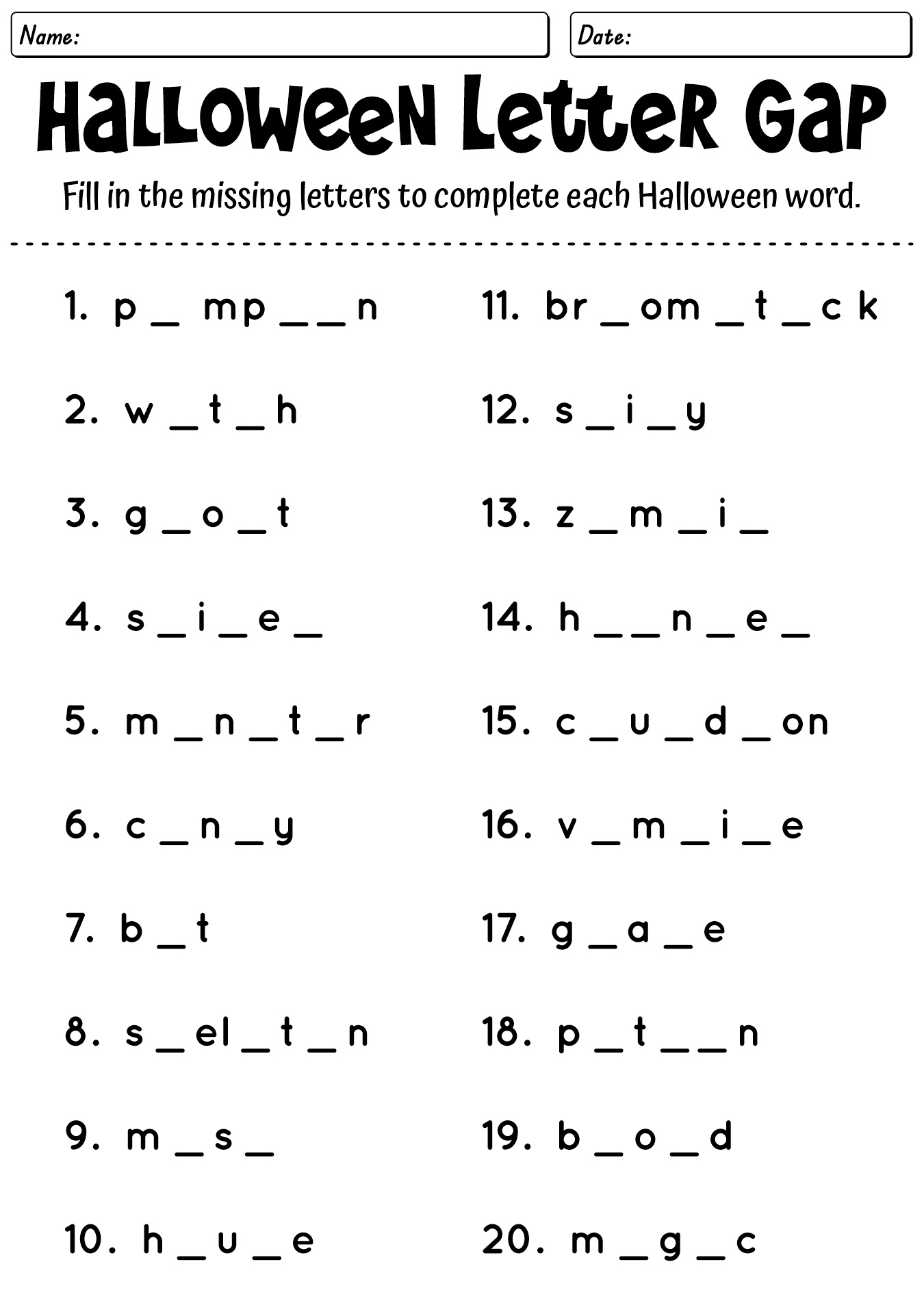 Halloween Letter Gap Exercise Sheet