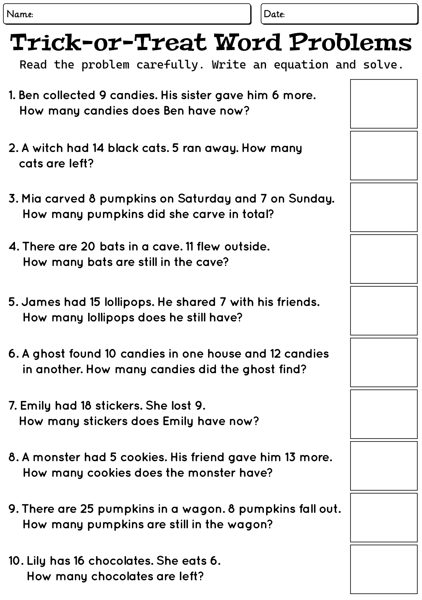 Halloween Math Problem Solving Worksheets