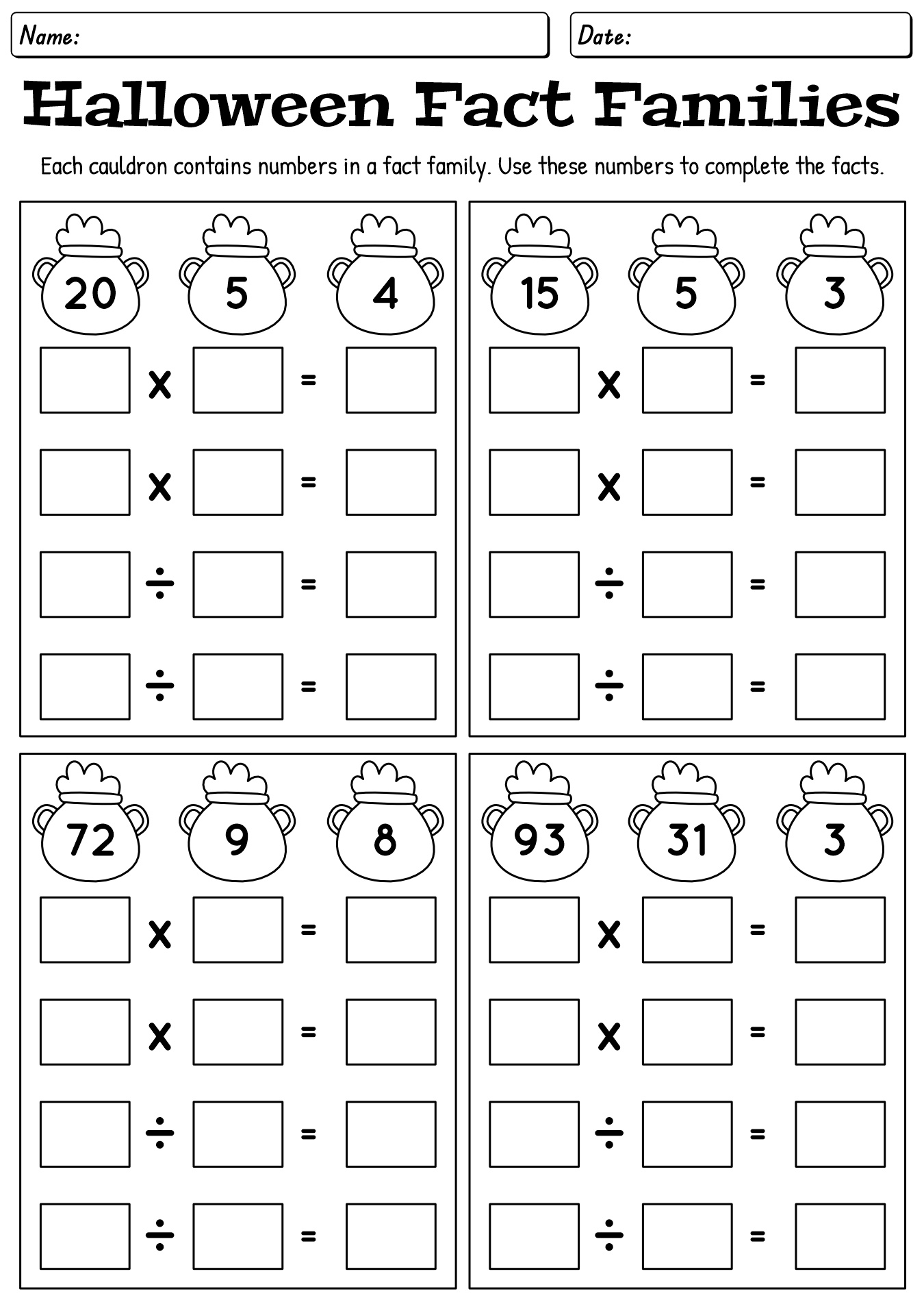 Halloween Multiplication and Division Fact Family Practice