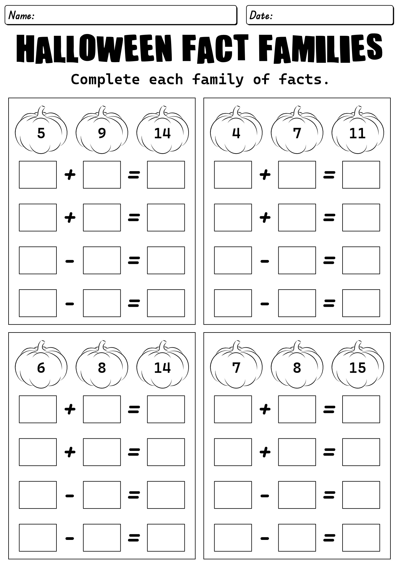 Halloween Themed Fact Family Activity Sheet