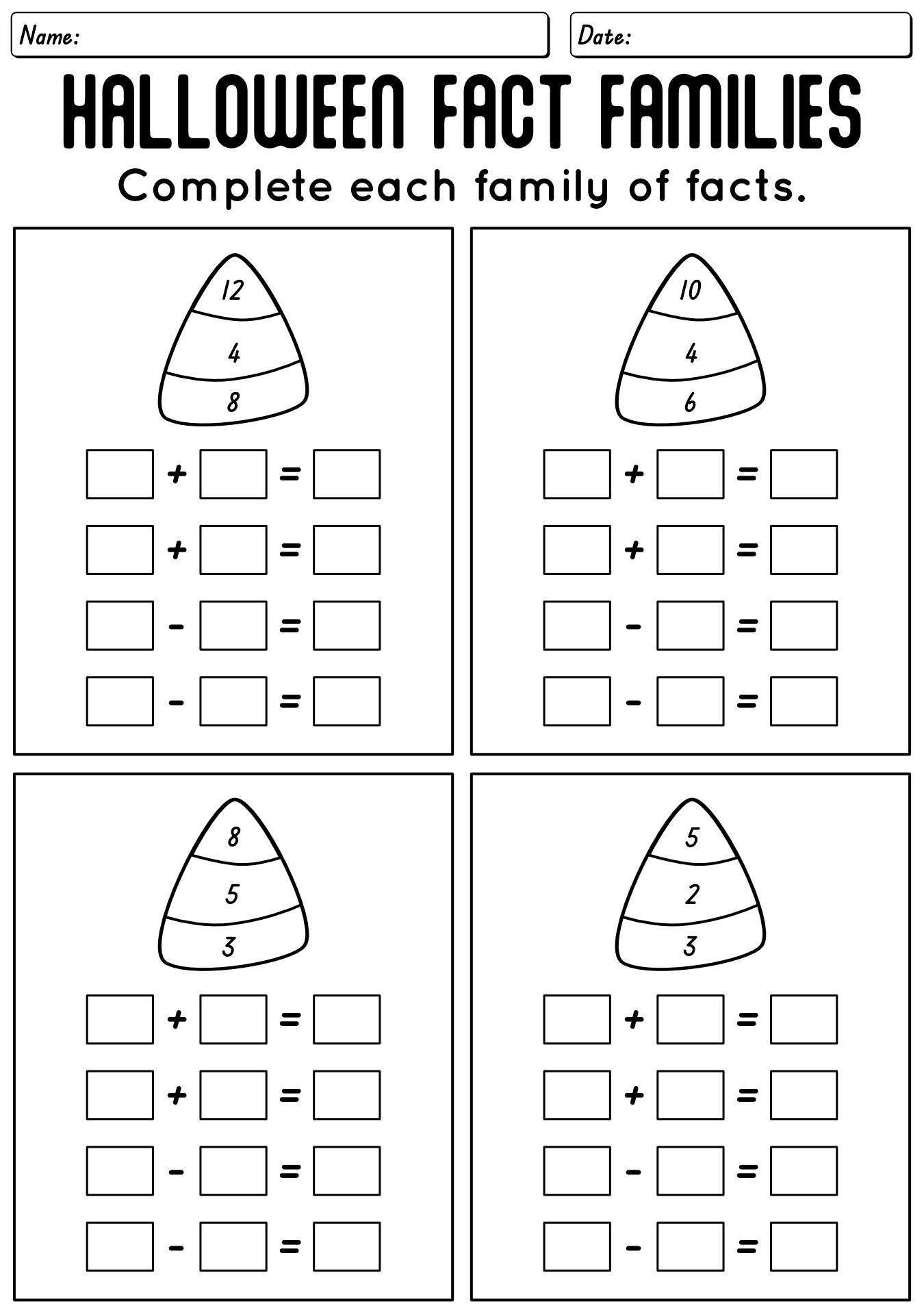 Halloween Themed Fact Family Math Worksheets