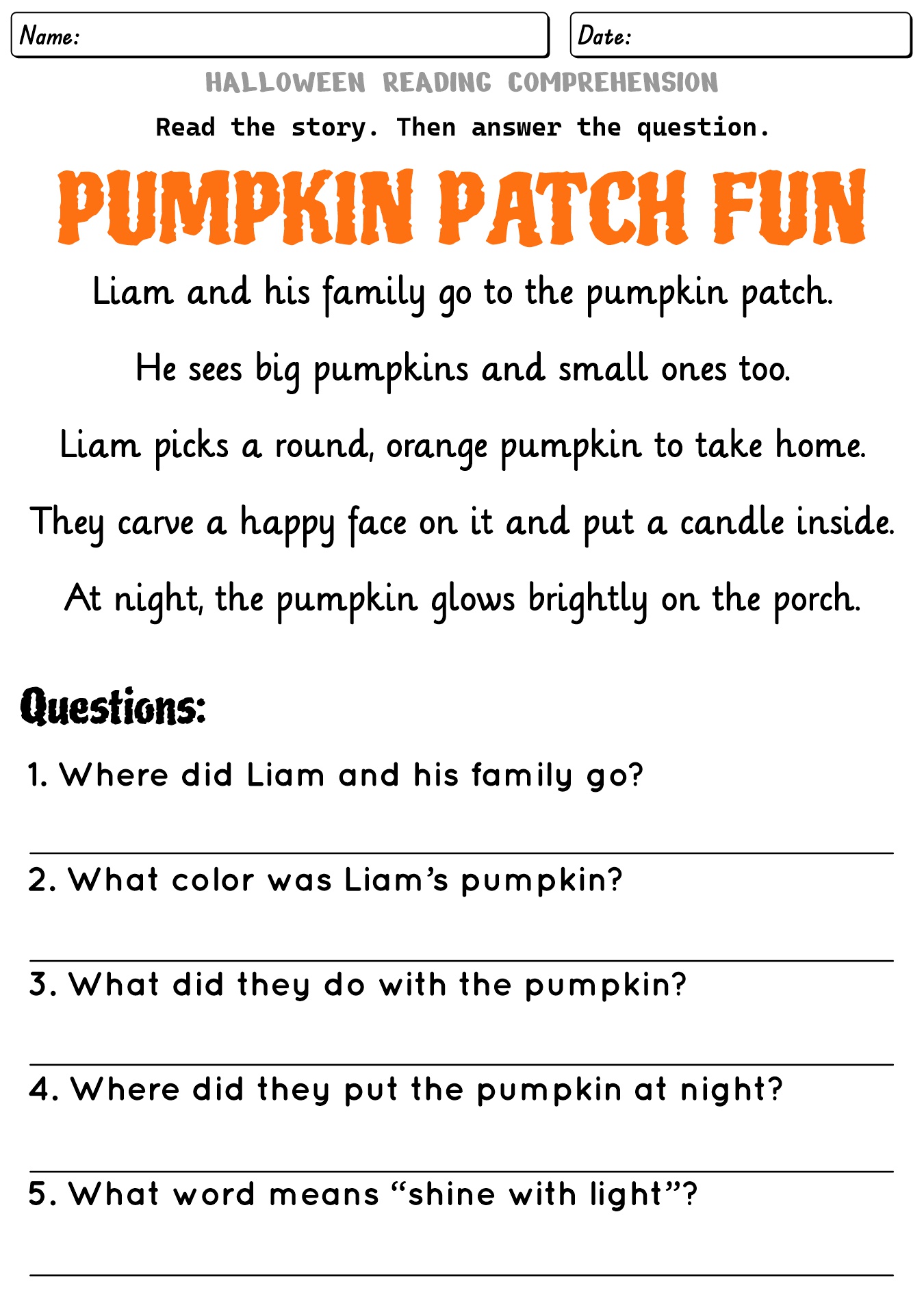 Halloween Themed Printable Reading Comprehension Worksheets