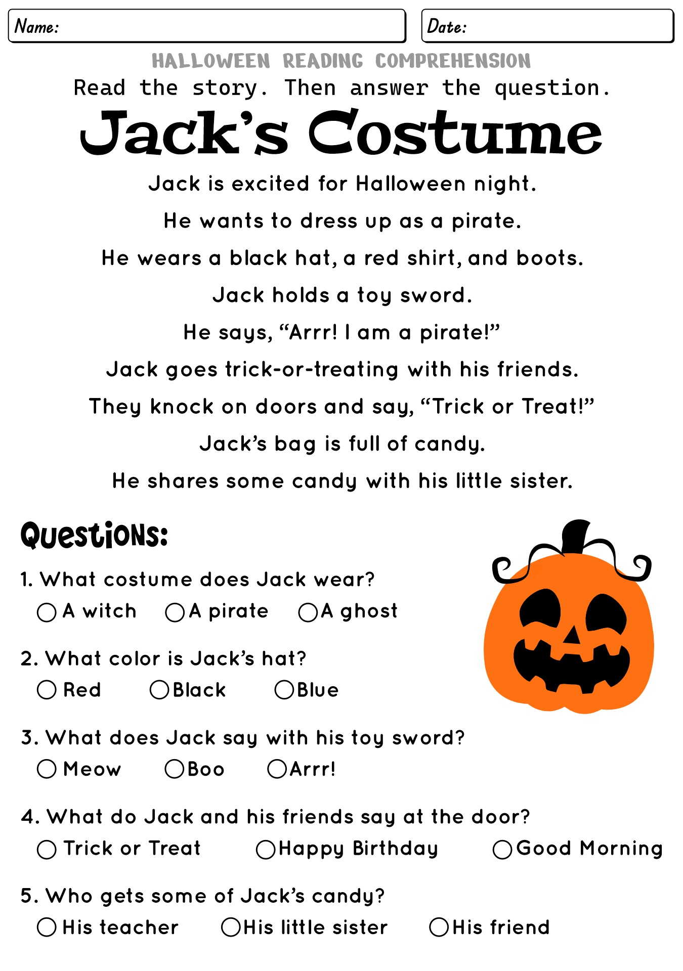Halloween Themed Reading Comprehension Worksheets