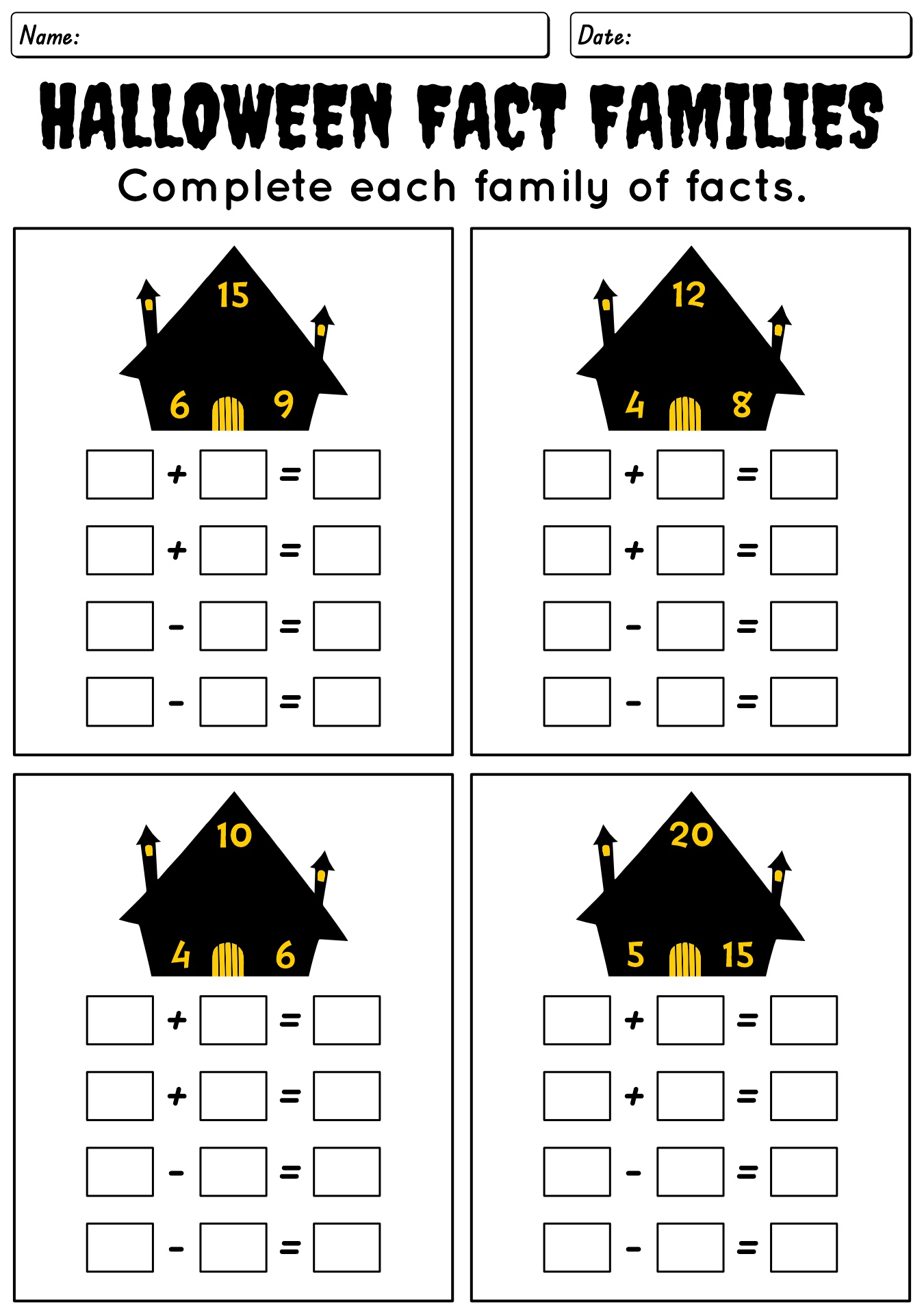 Haunted House Fact Family Math Worksheet