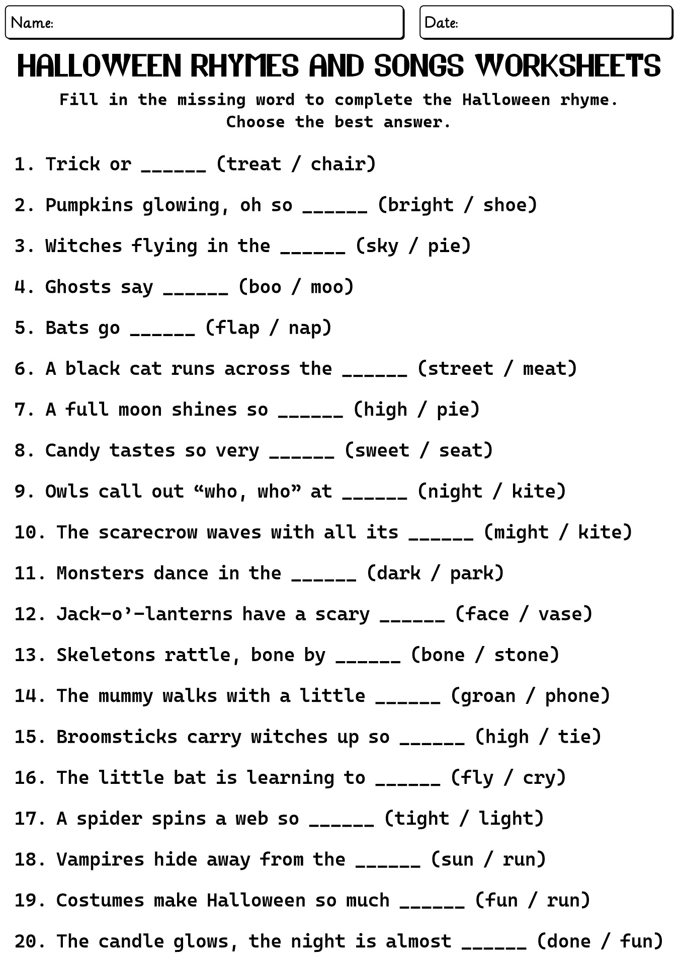 Kindergarten Halloween Rhymes And Songs Worksheets