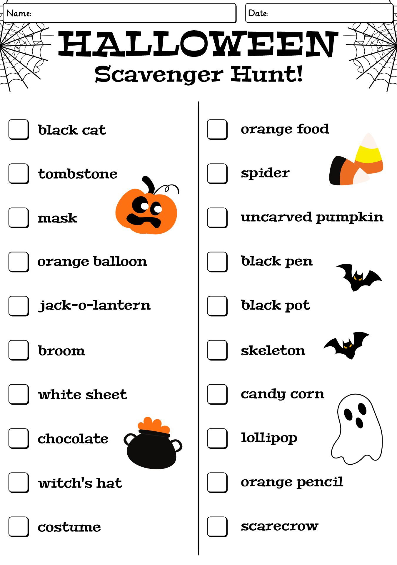 Kindergarten Halloween Scavenger Hunt Sheets