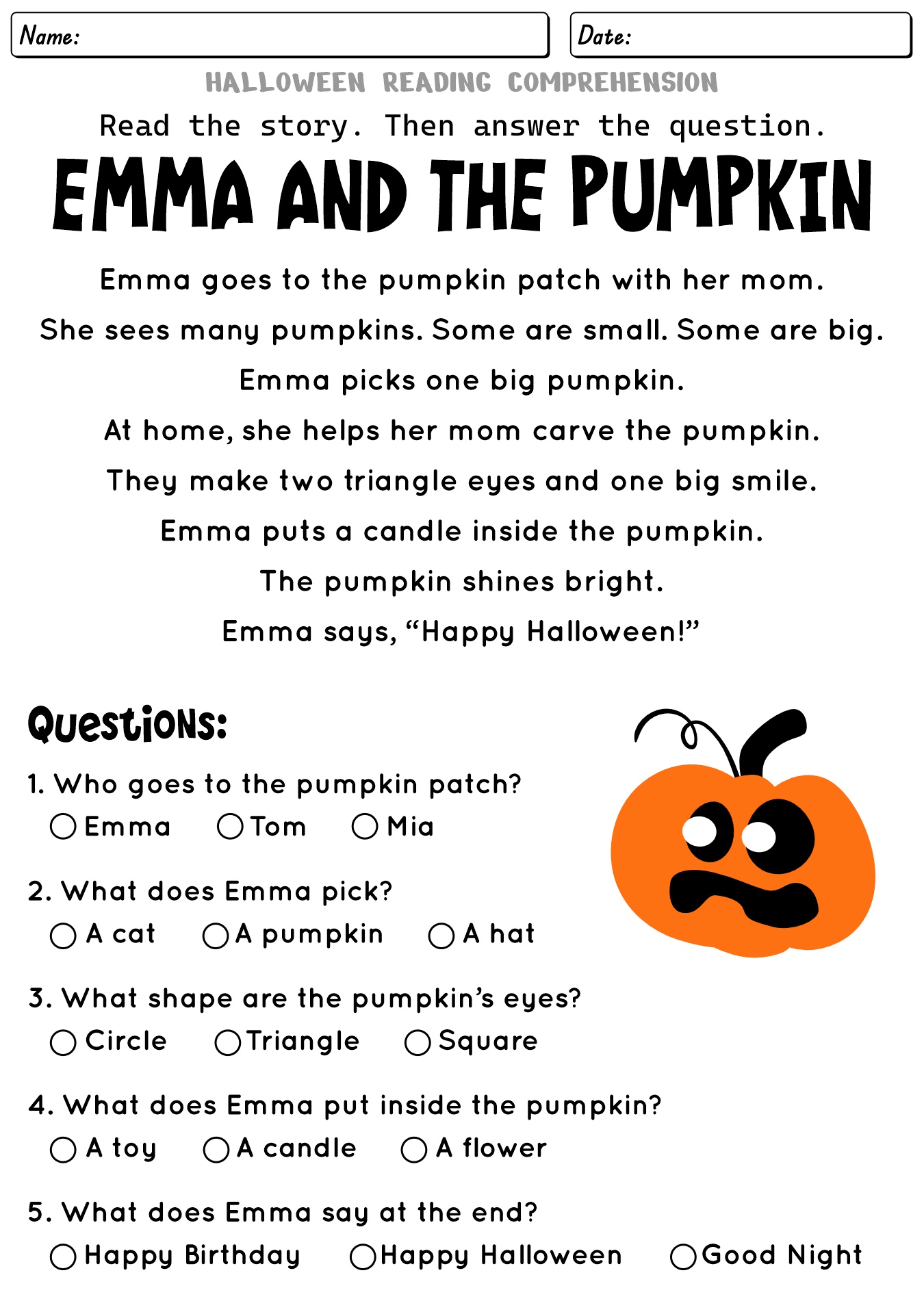 Kindergarten Level Halloween Story Comprehension Worksheets