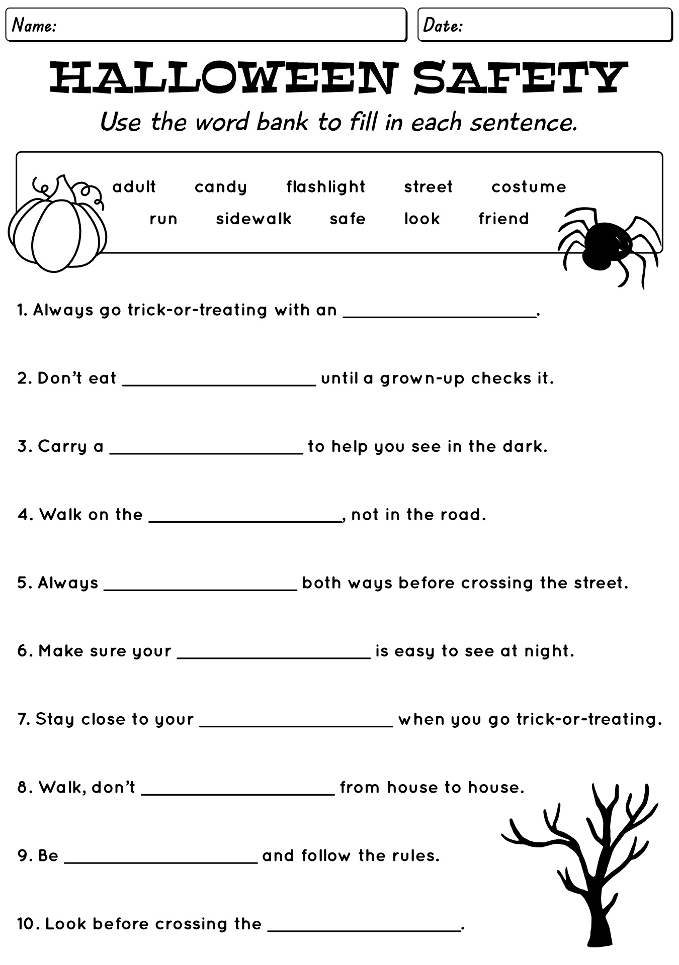 Kindergarten Worksheets on Halloween Safety Tips