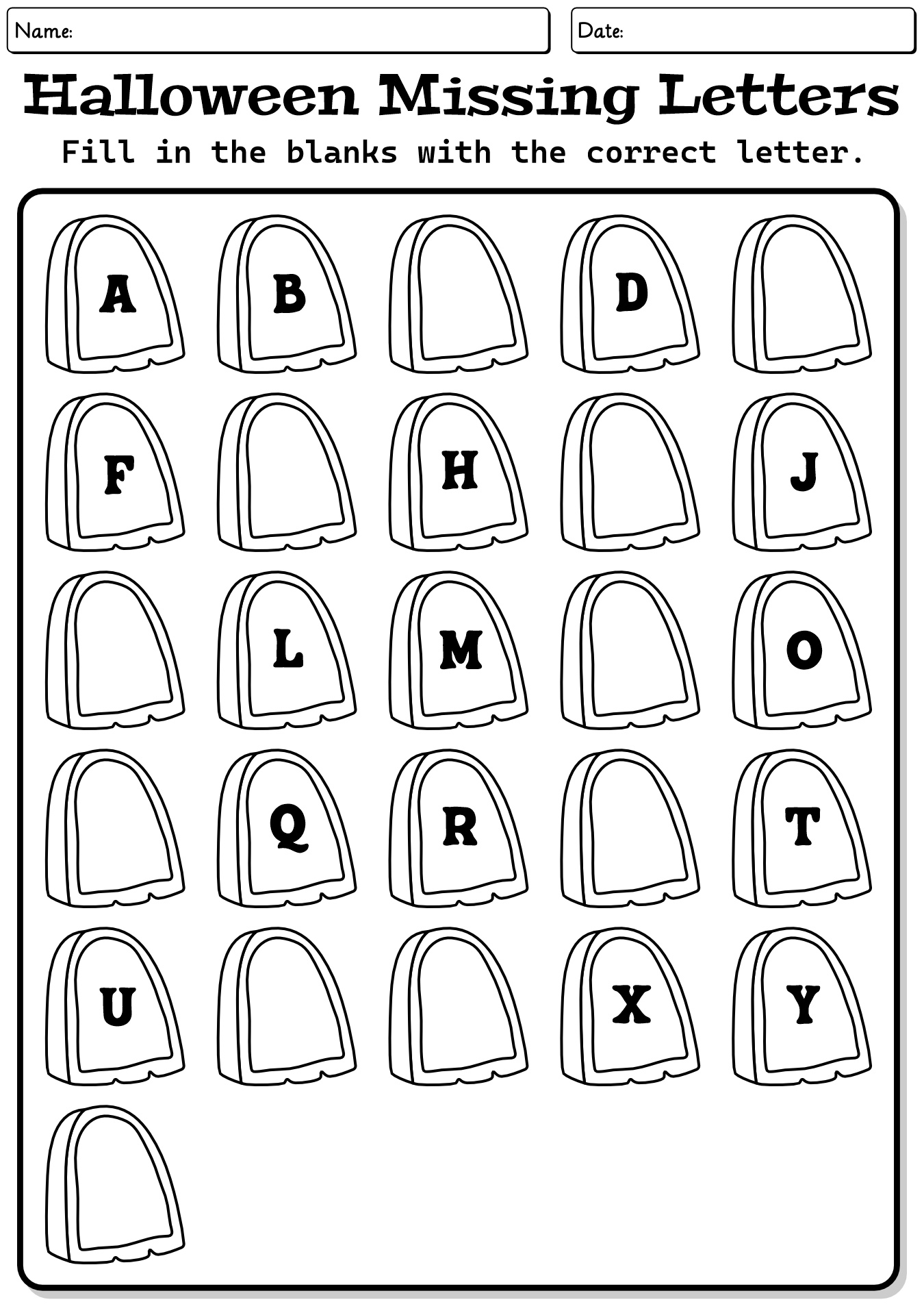Missing Halloween Letters Alphabet Game Worksheet