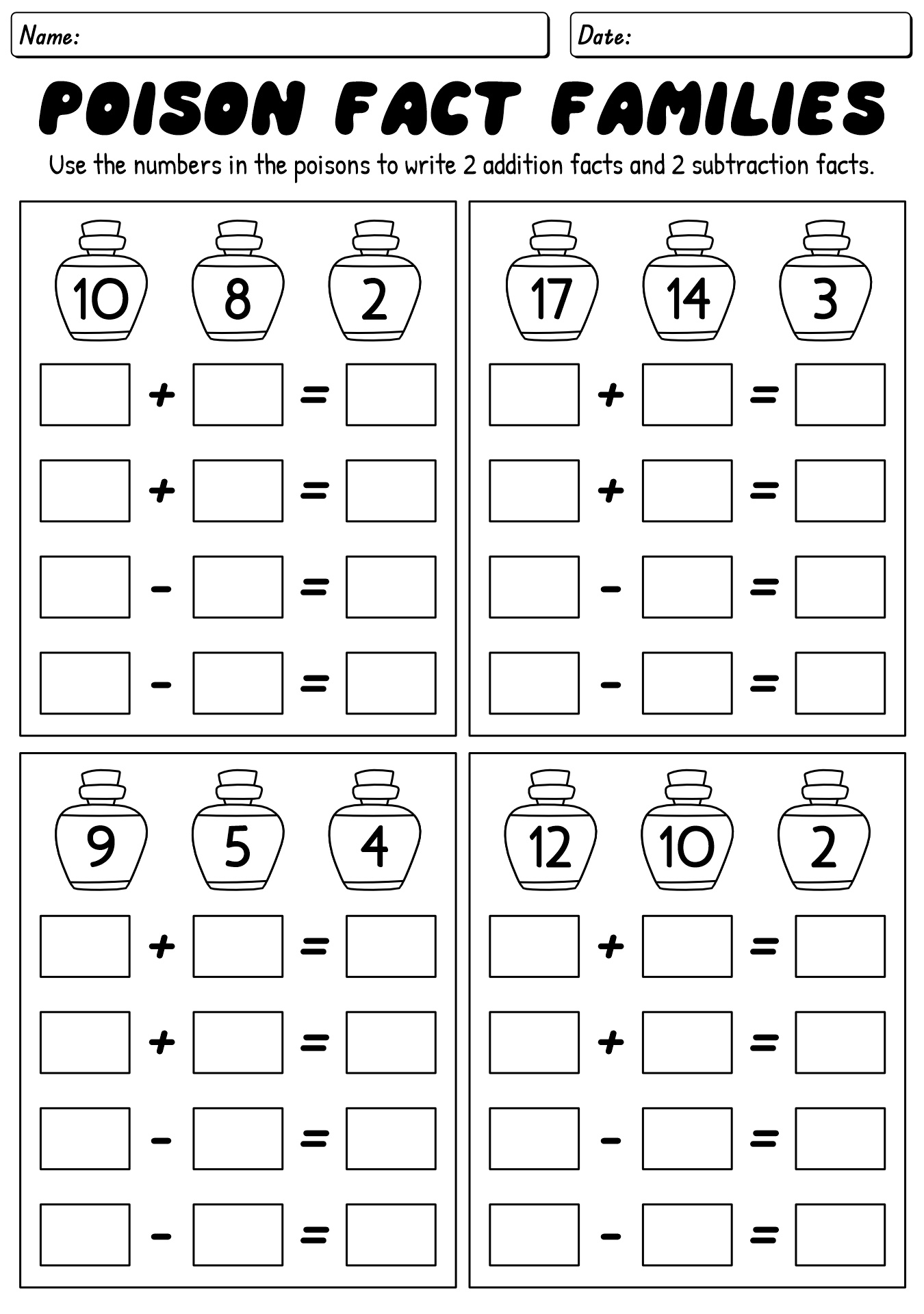 Printable Halloween Fact Family Math Games for Kids