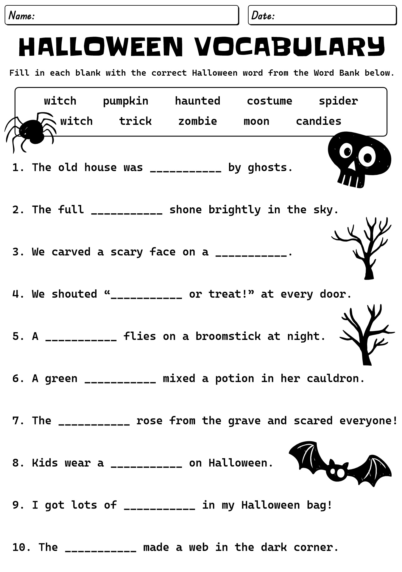 Printable Halloween Vocabulary Worksheets For Students