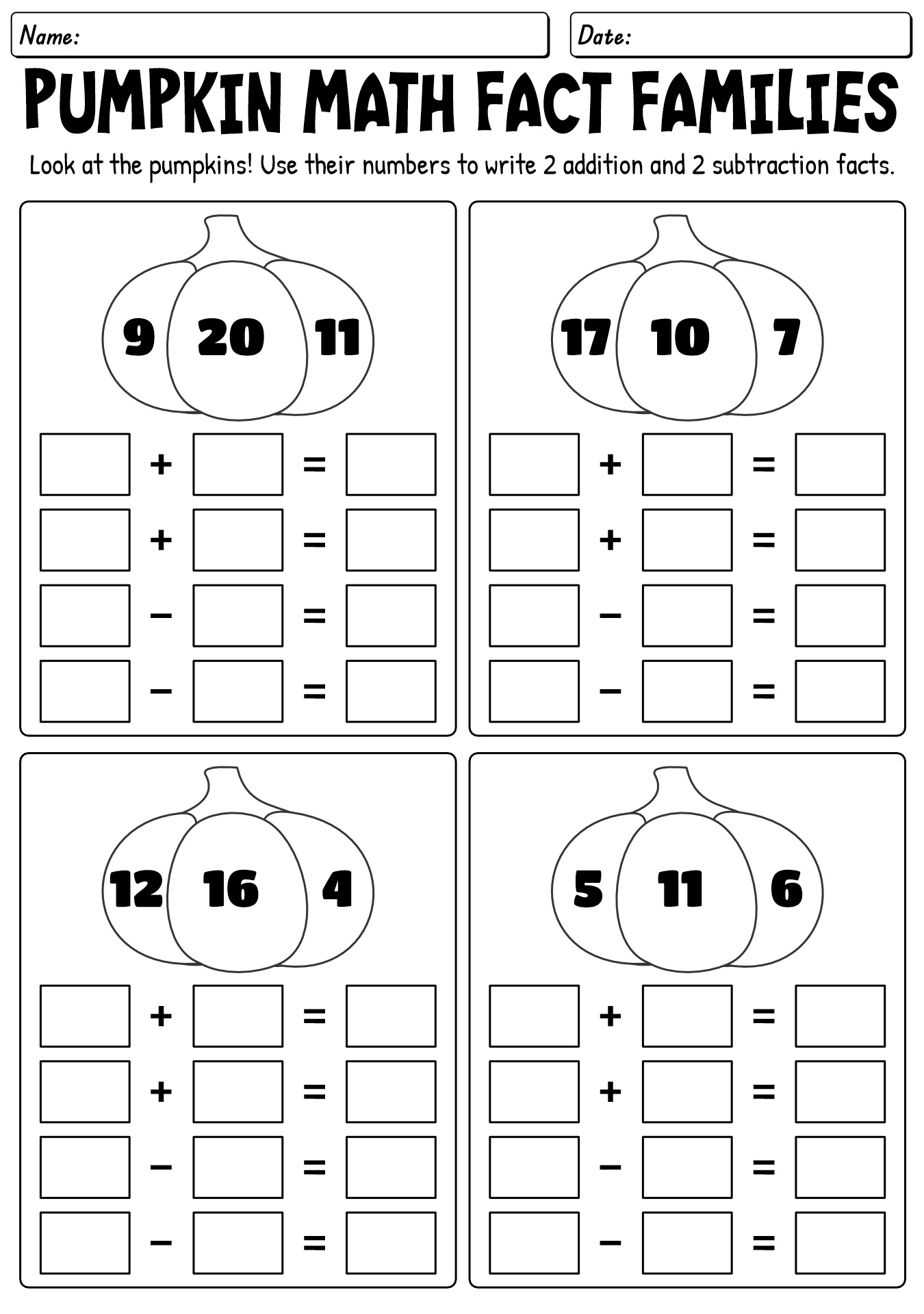 Pumpkin Fact Family Math Worksheet