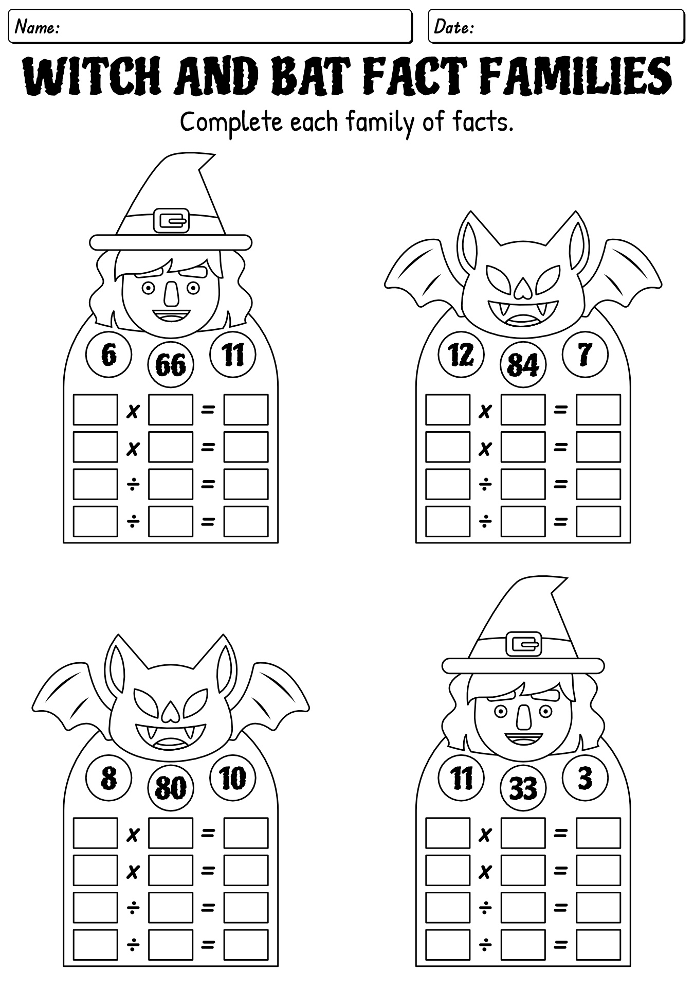 Witch And Bat Fact Family Worksheet