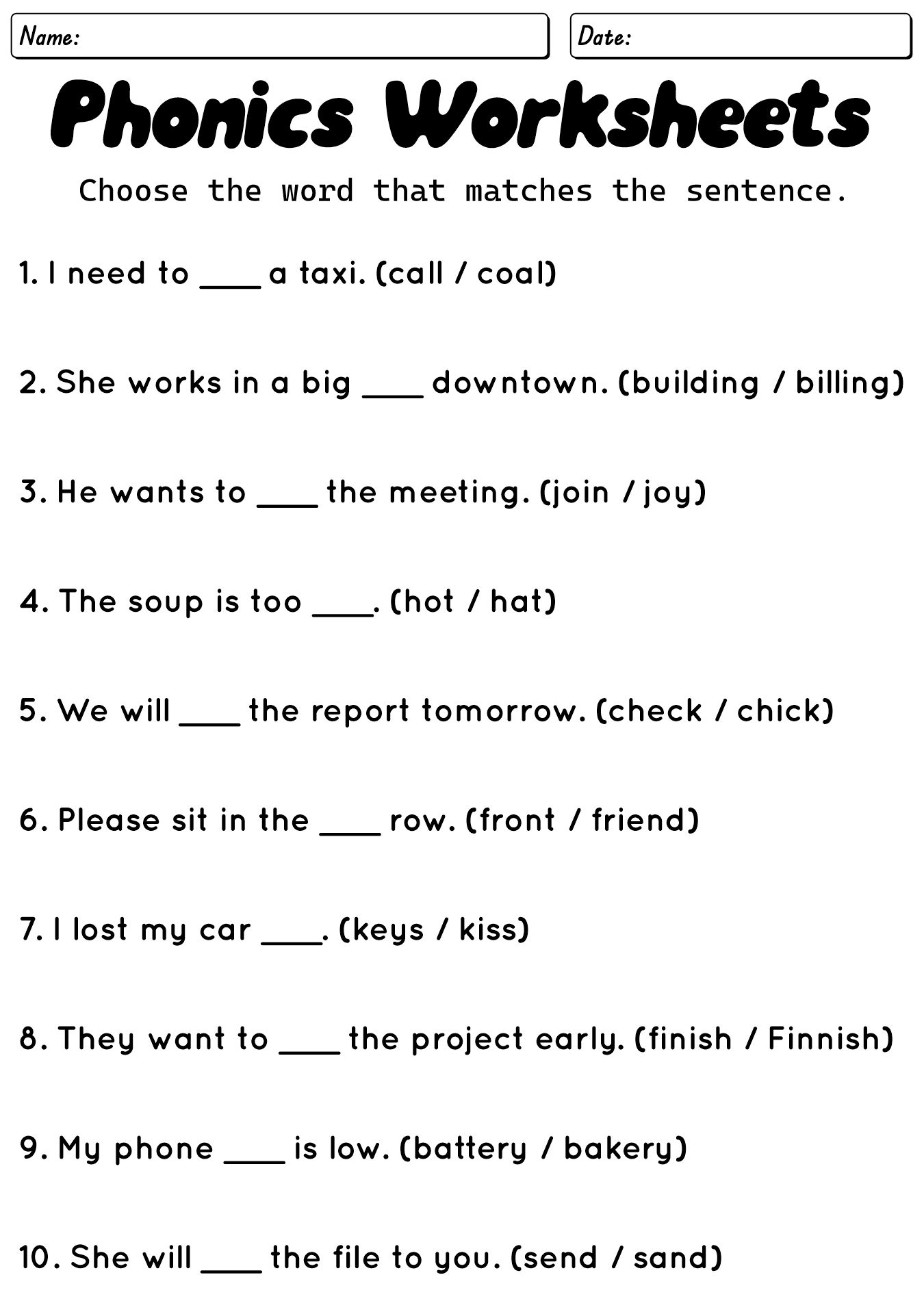 Black And White Phonics Worksheet