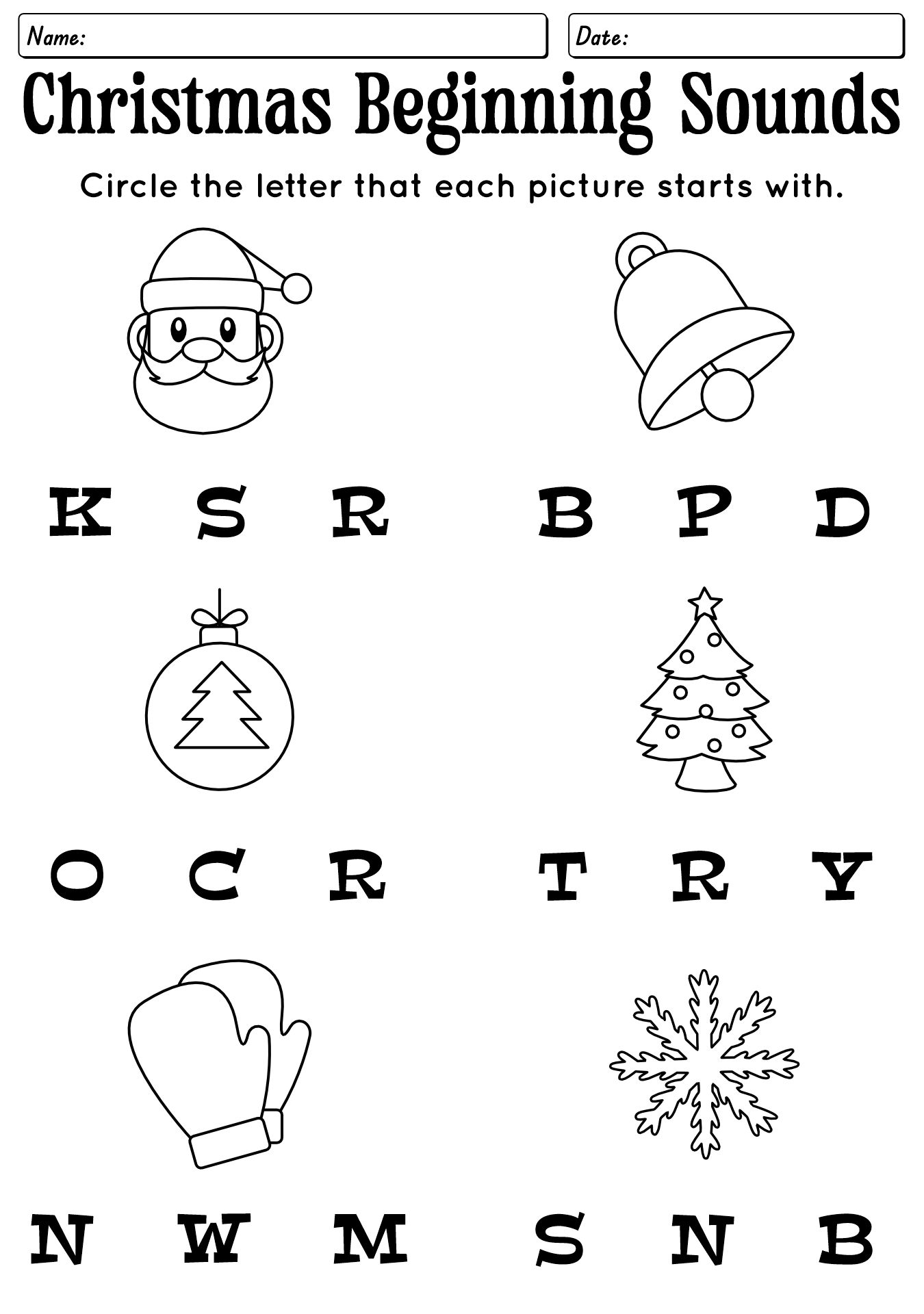 Christmas Beginning Sounds Worksheet for Preschool