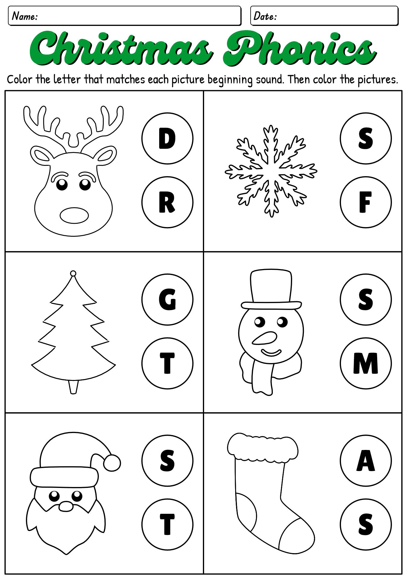 Christmas Phonics Game Worksheet for Kindergarten