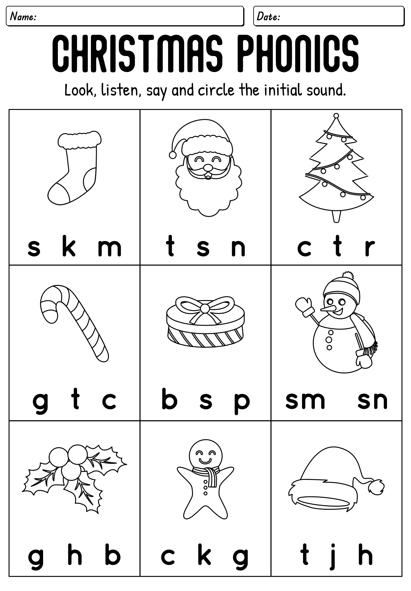 Christmas Phonics Initial Sound Worksheet