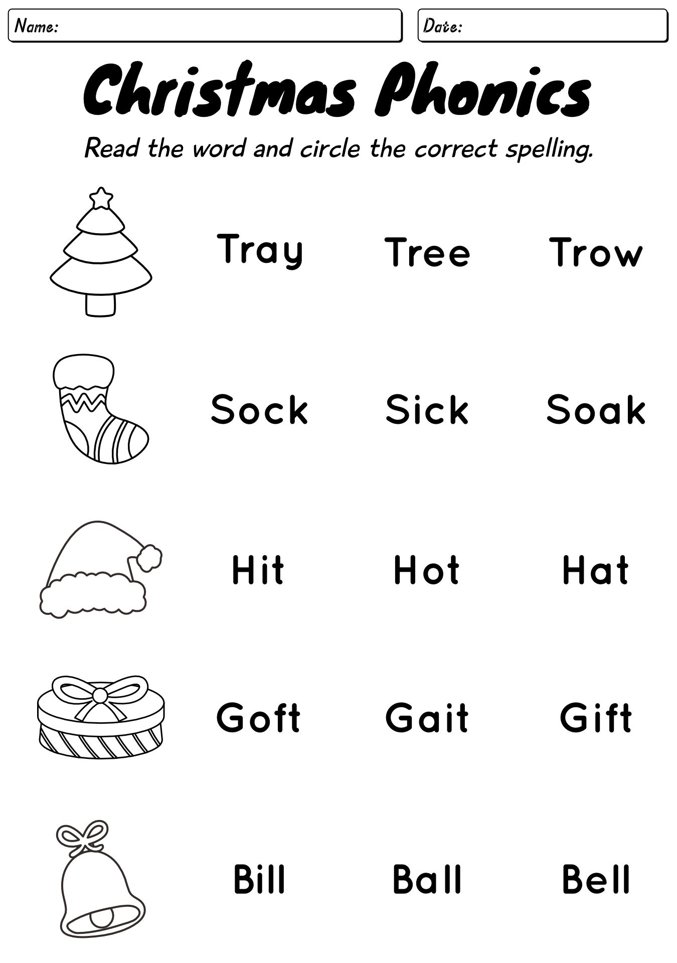 Christmas Phonics Practice Worksheet for Kindergarten