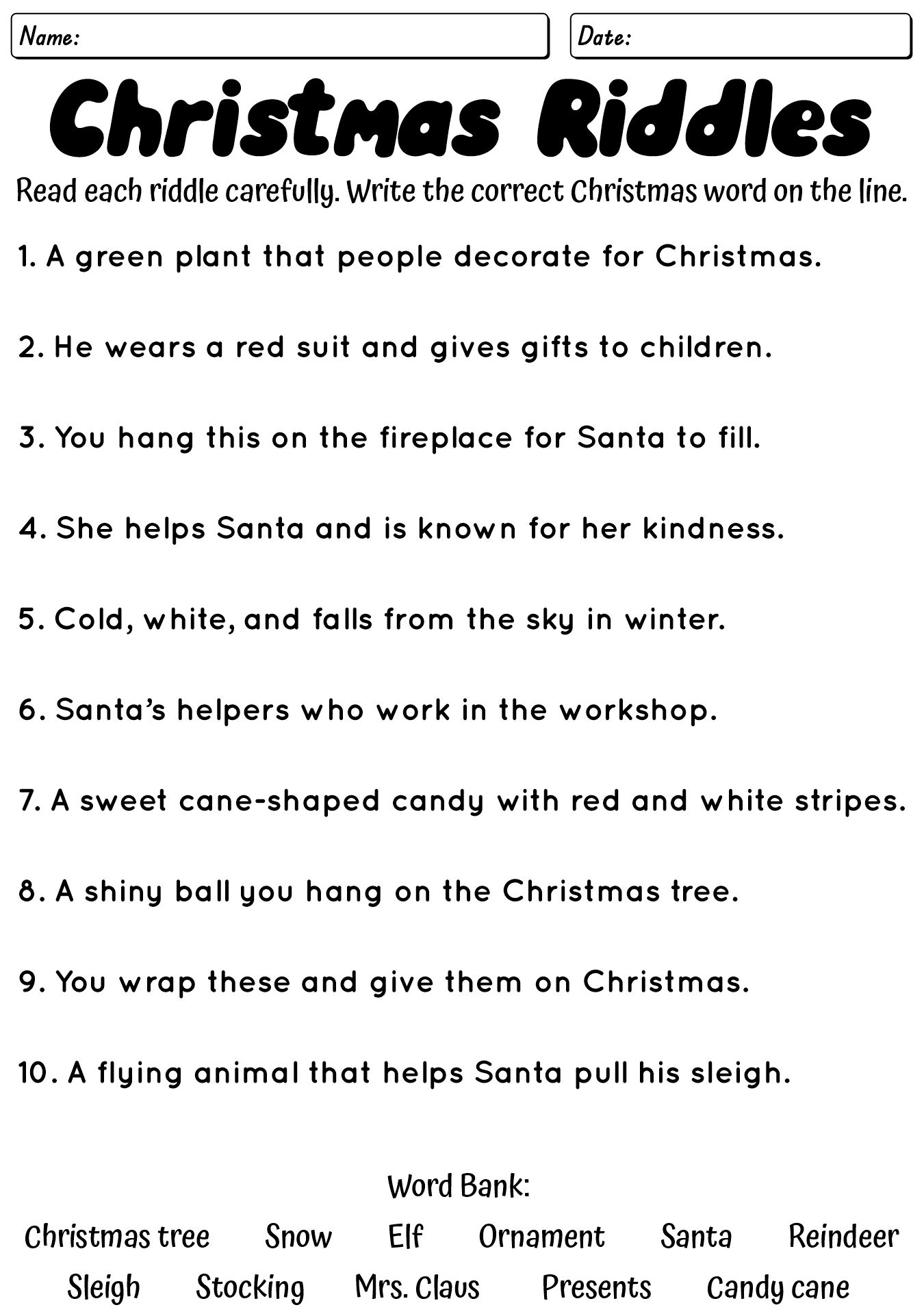 Christmas Riddles For Children Worksheet