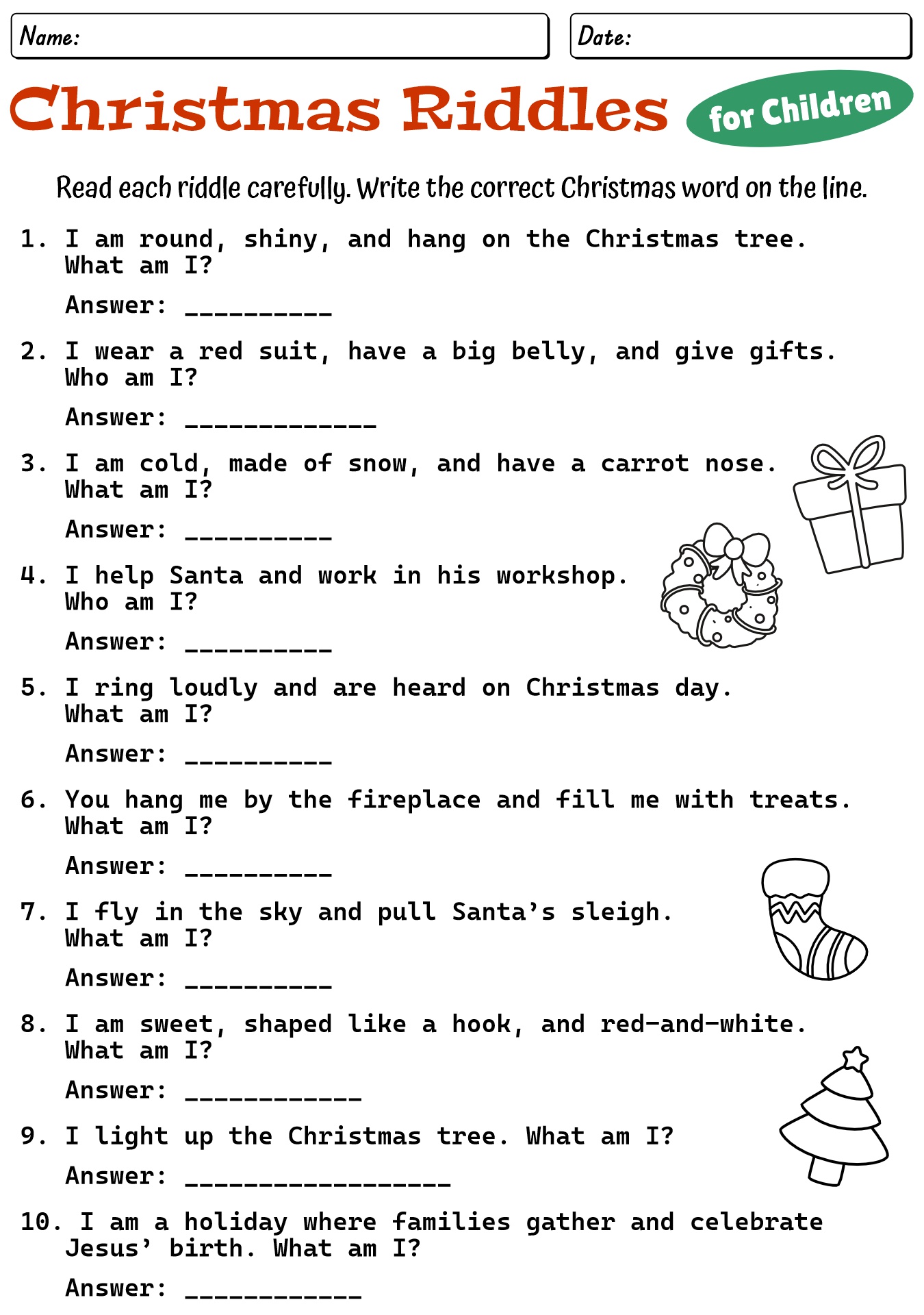 Christmas Riddles Worksheet For Children