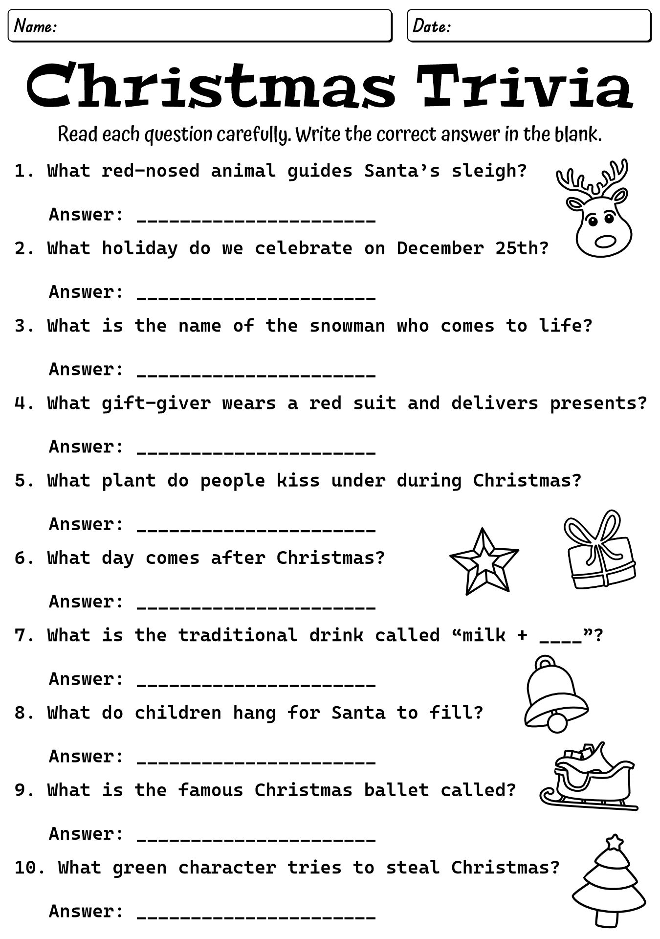 Christmas Trivia Puzzle Worksheets