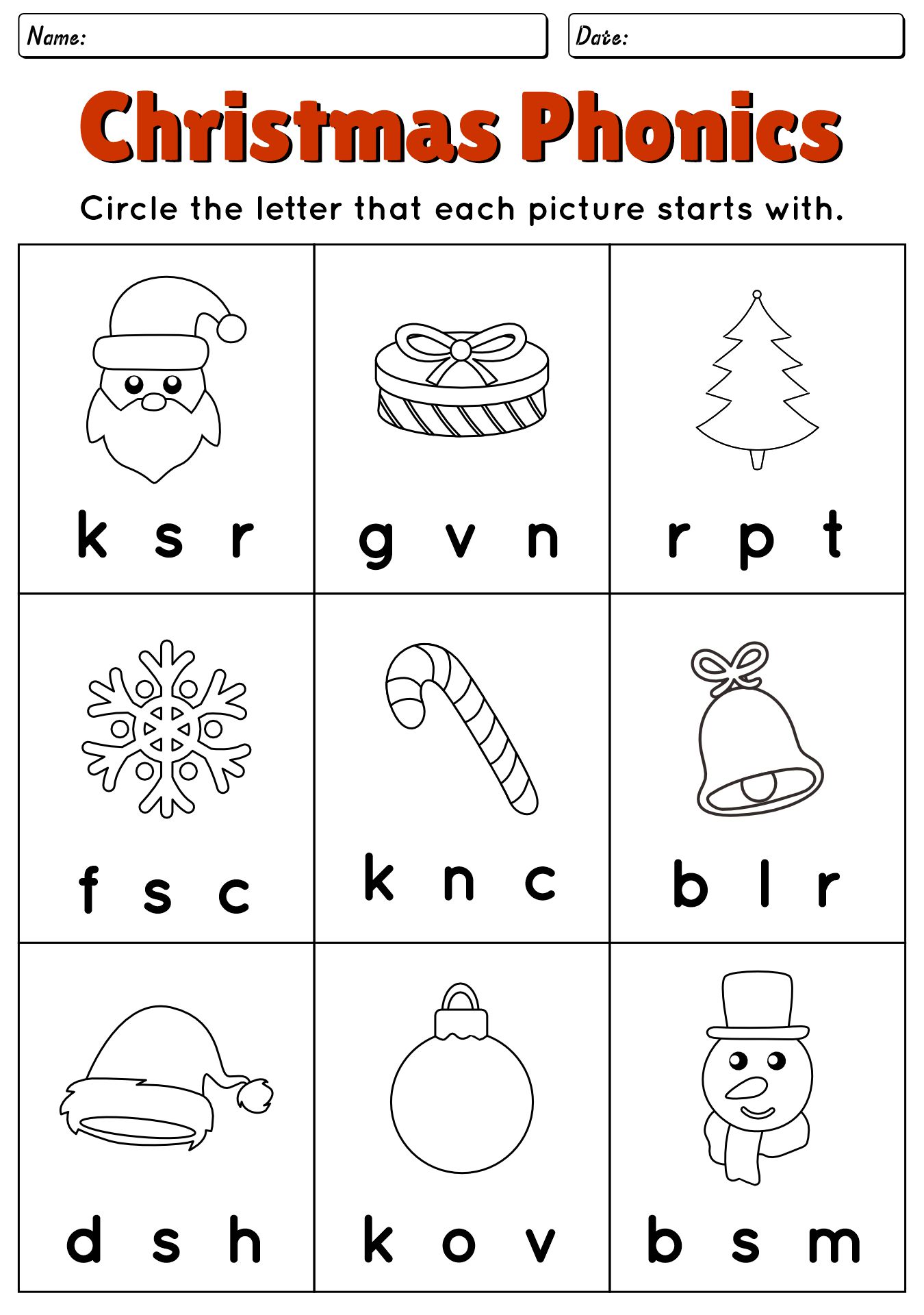 Holiday Phonics Challenge Printables for Kindergarten