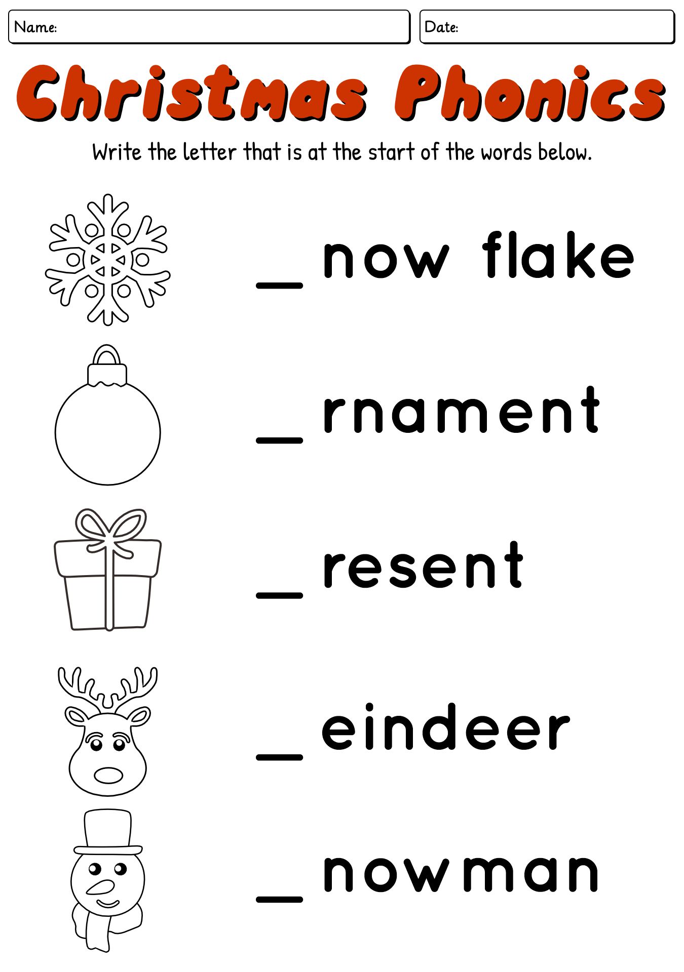 Holiday Phonics Worksheet for Kindergarten Kids