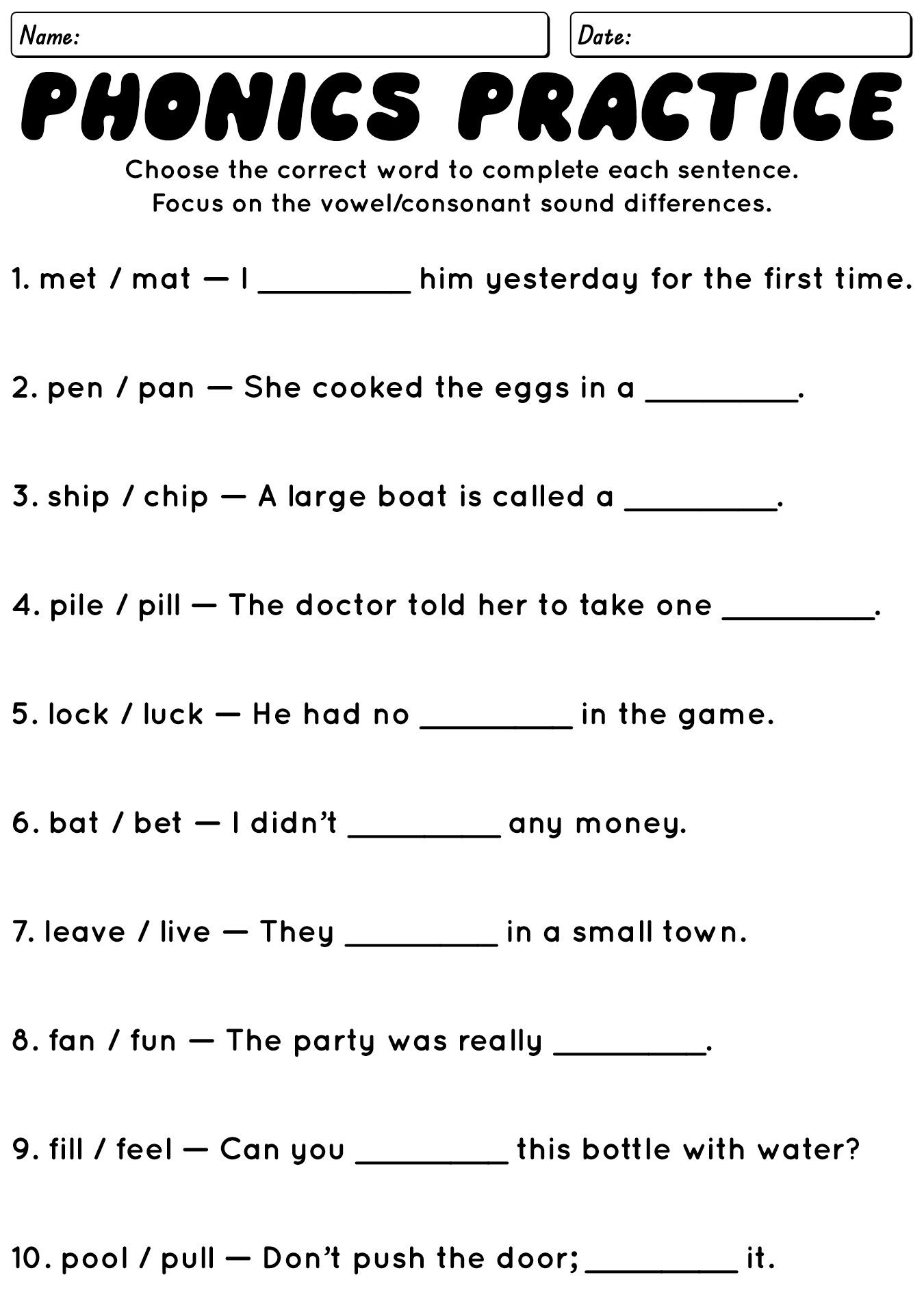 Phonics Practice Sheets for Adult ESL Students
