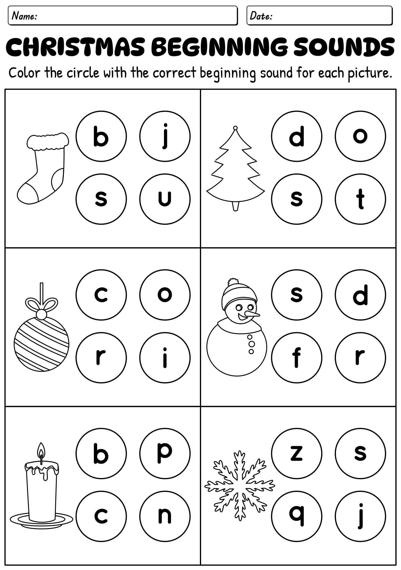 Printable Christmas Beginning Sound Worksheet