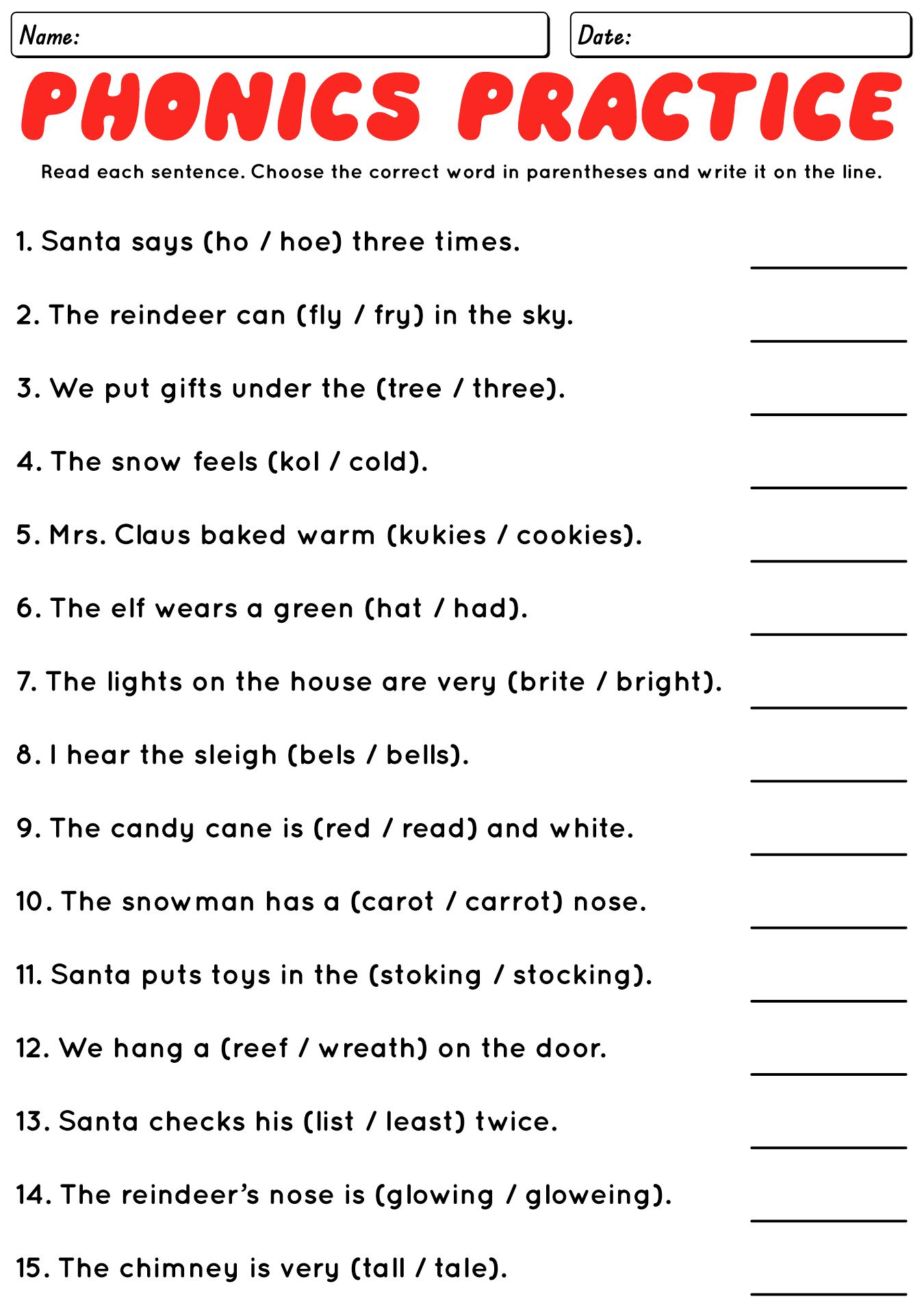 Santas Phonics Challenges for Elementary Students