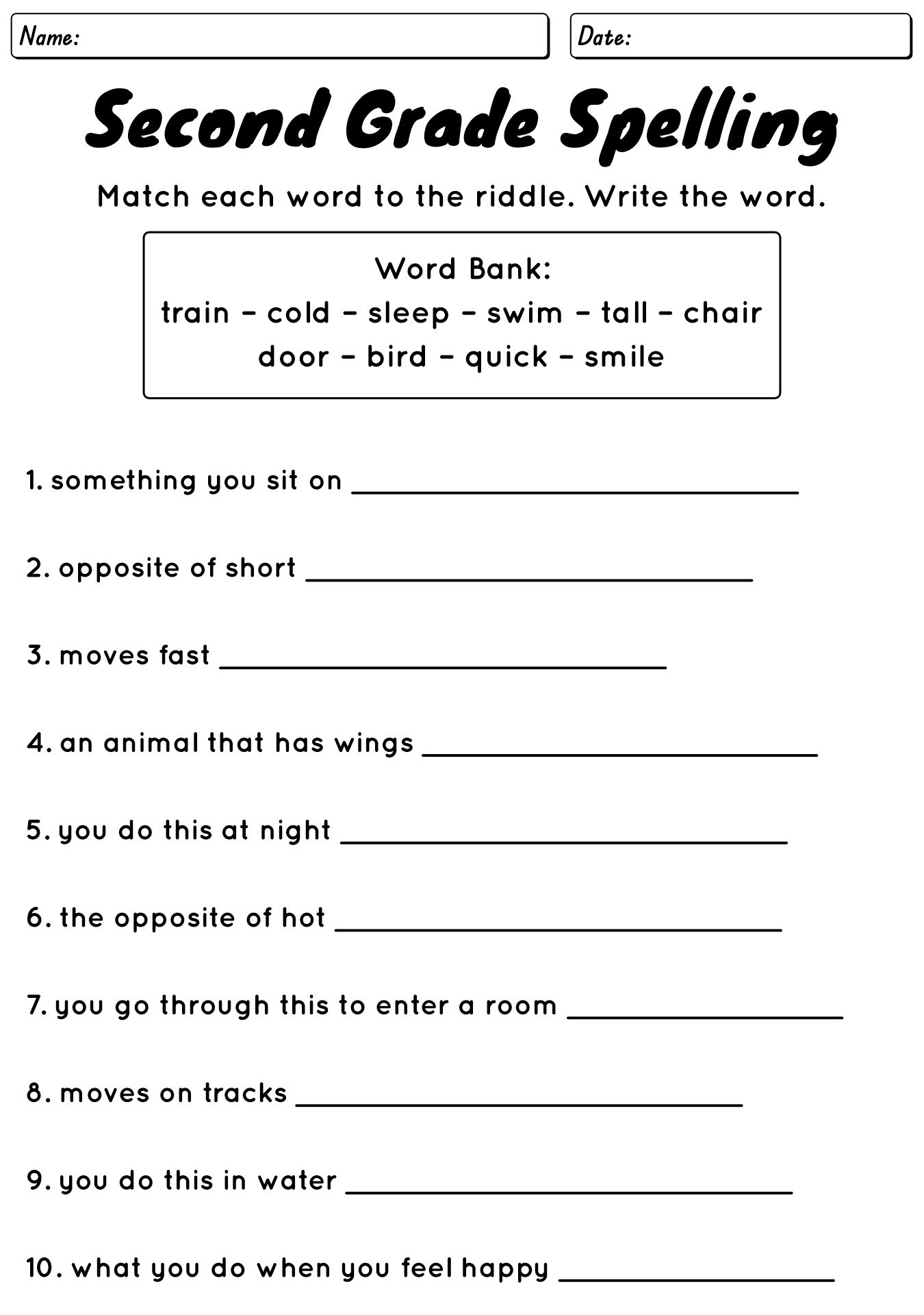 2nd Grade Spelling Words Worksheets