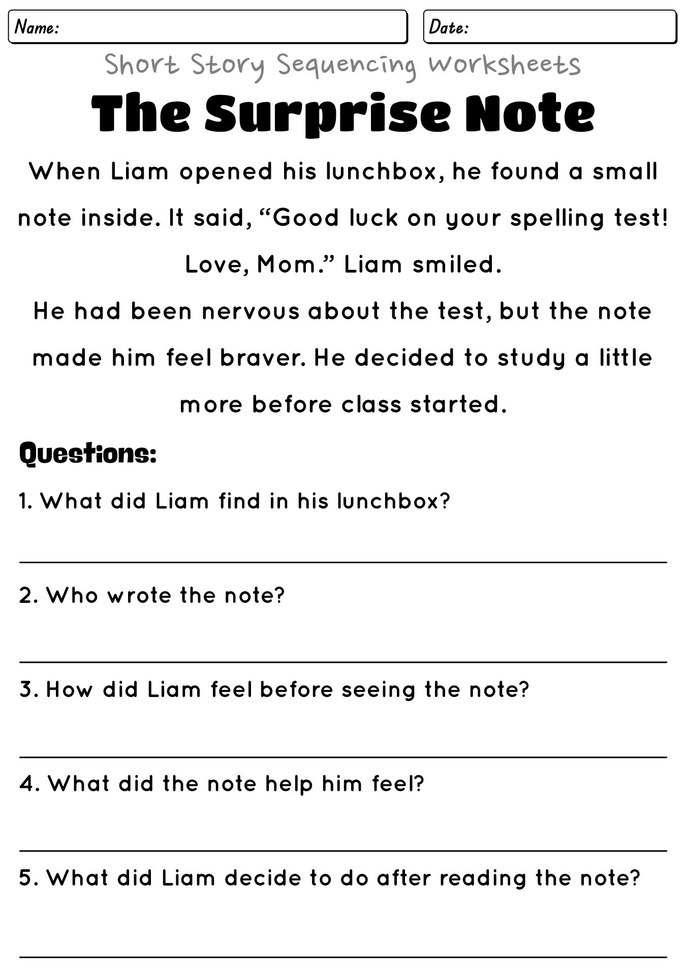 4th Grade Reading Worksheets Short Story Comprehension