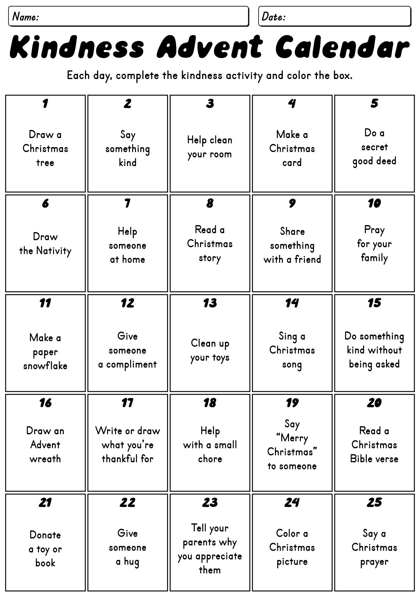 Advent Calendar Activity Worksheet for Kids