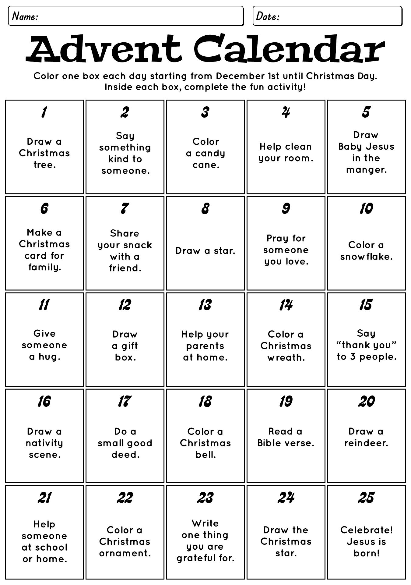 Advent Calendar Daily Surprise Worksheet