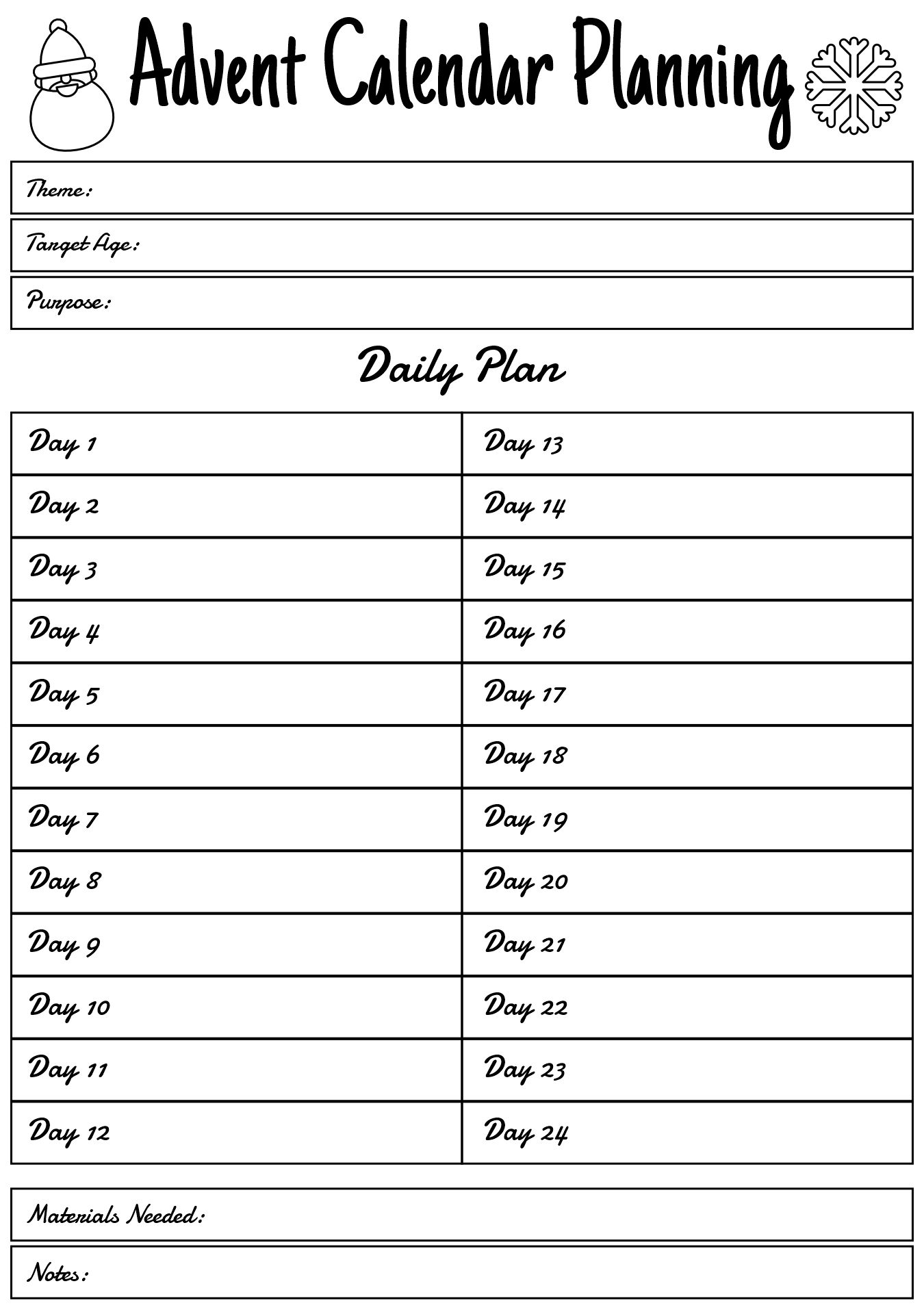 Advent Calendar Theme Planning Worksheet