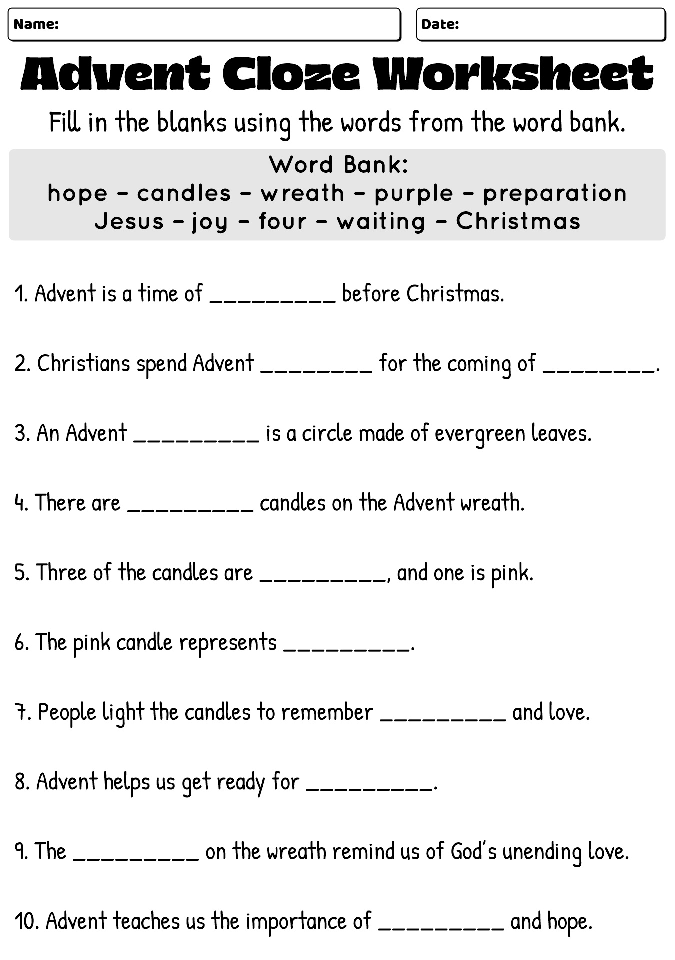 Advent Cloze Worksheet