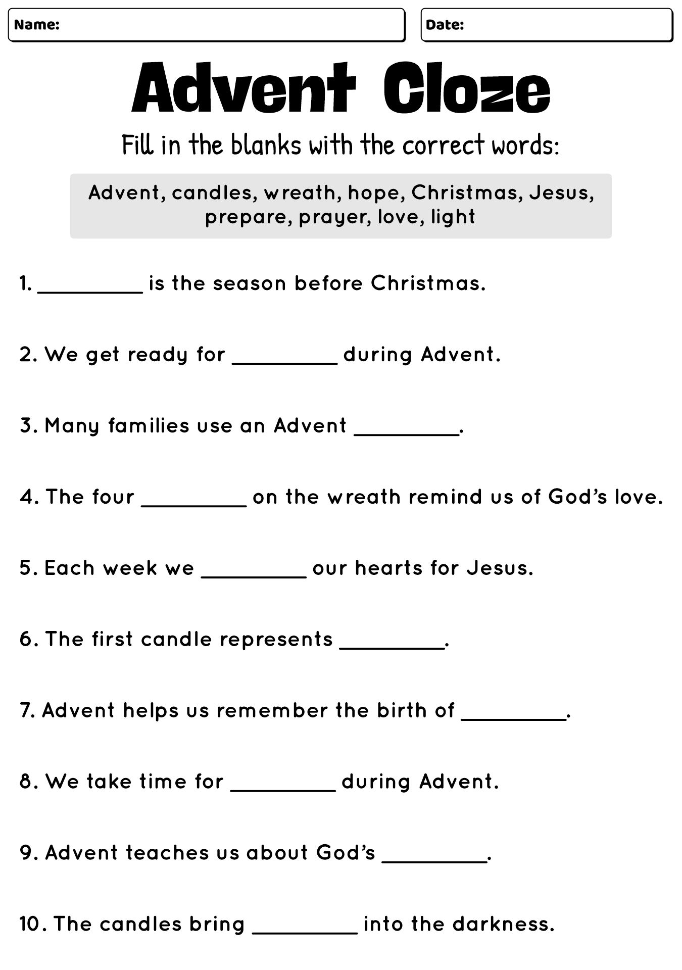 Advent Cloze Worksheet