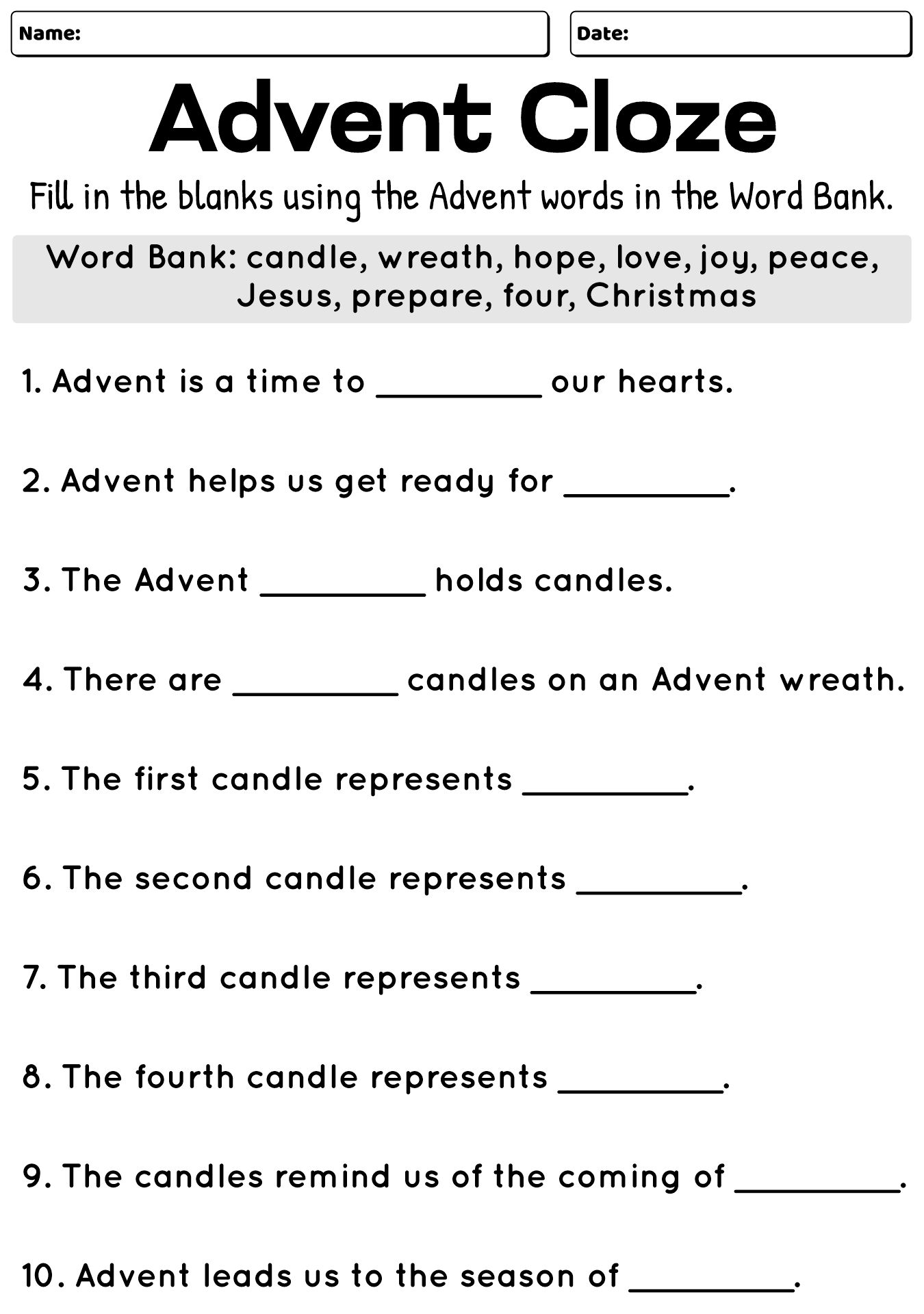 Advent Worksheet Activity