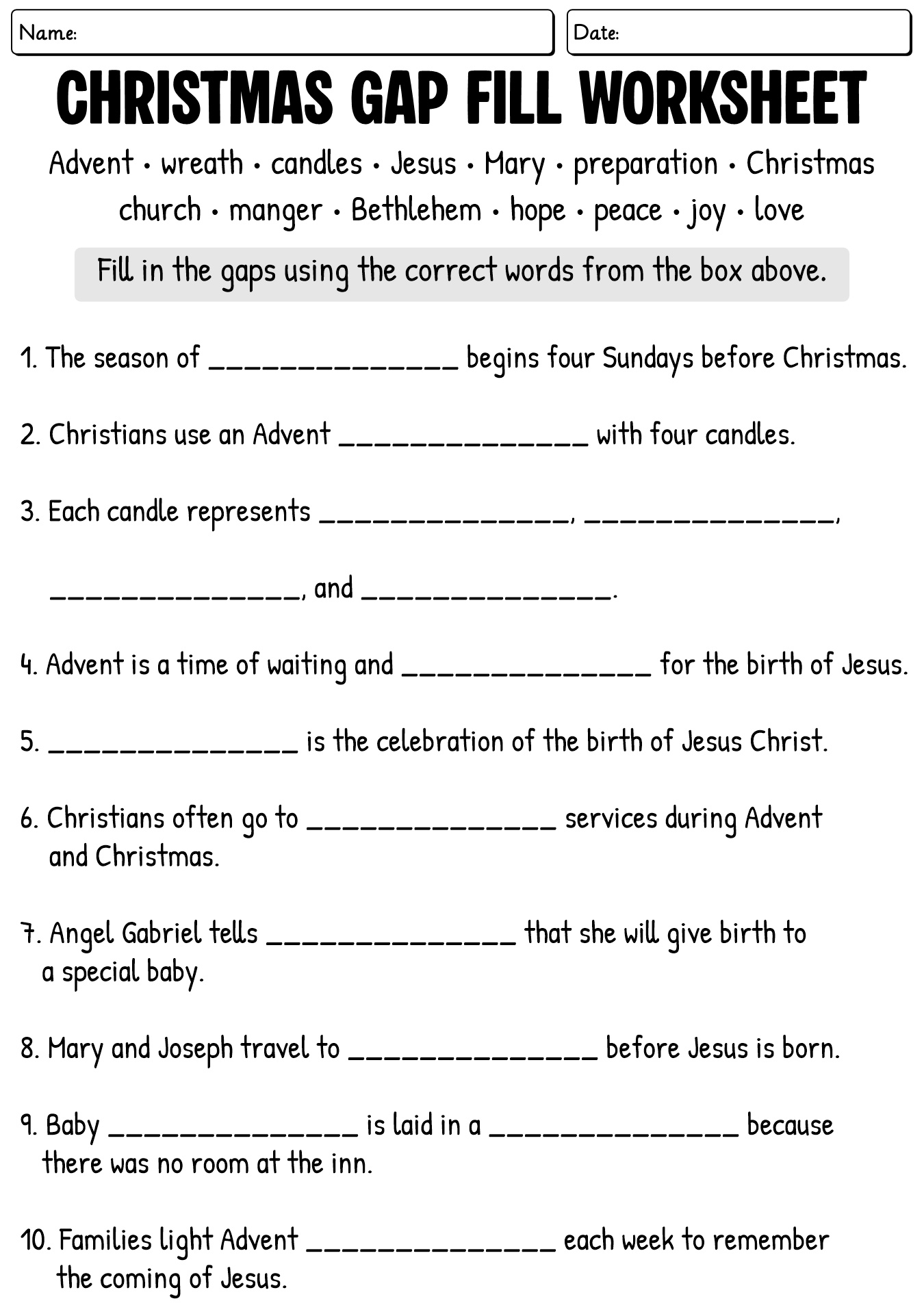 Advent Worksheets Gap Filling Worksheet
