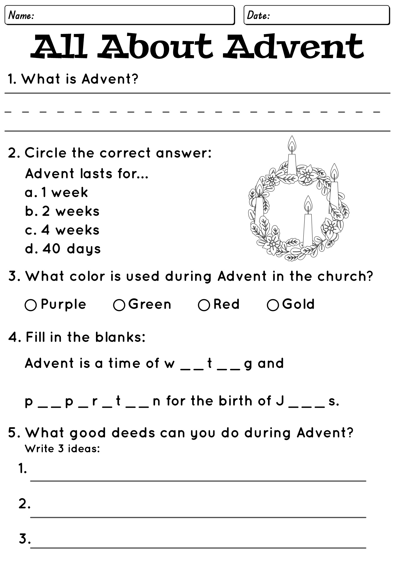 All About Advent Worksheet