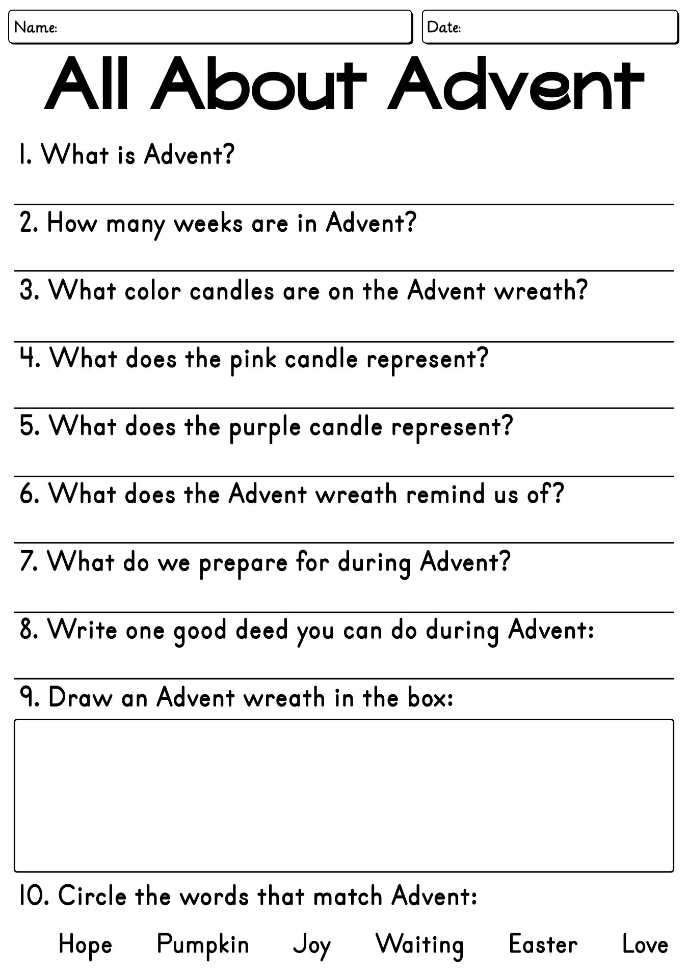All About Advent Worksheet