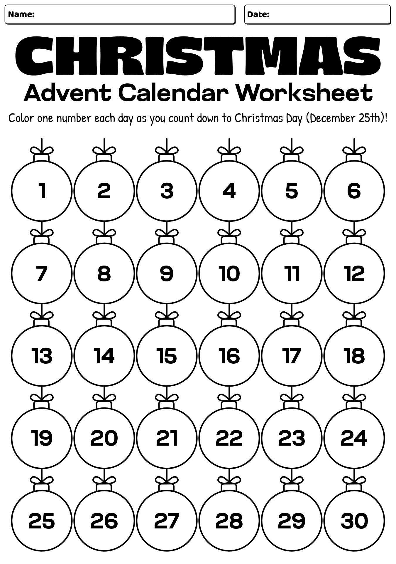 Christmas Advent Calendar Worksheet