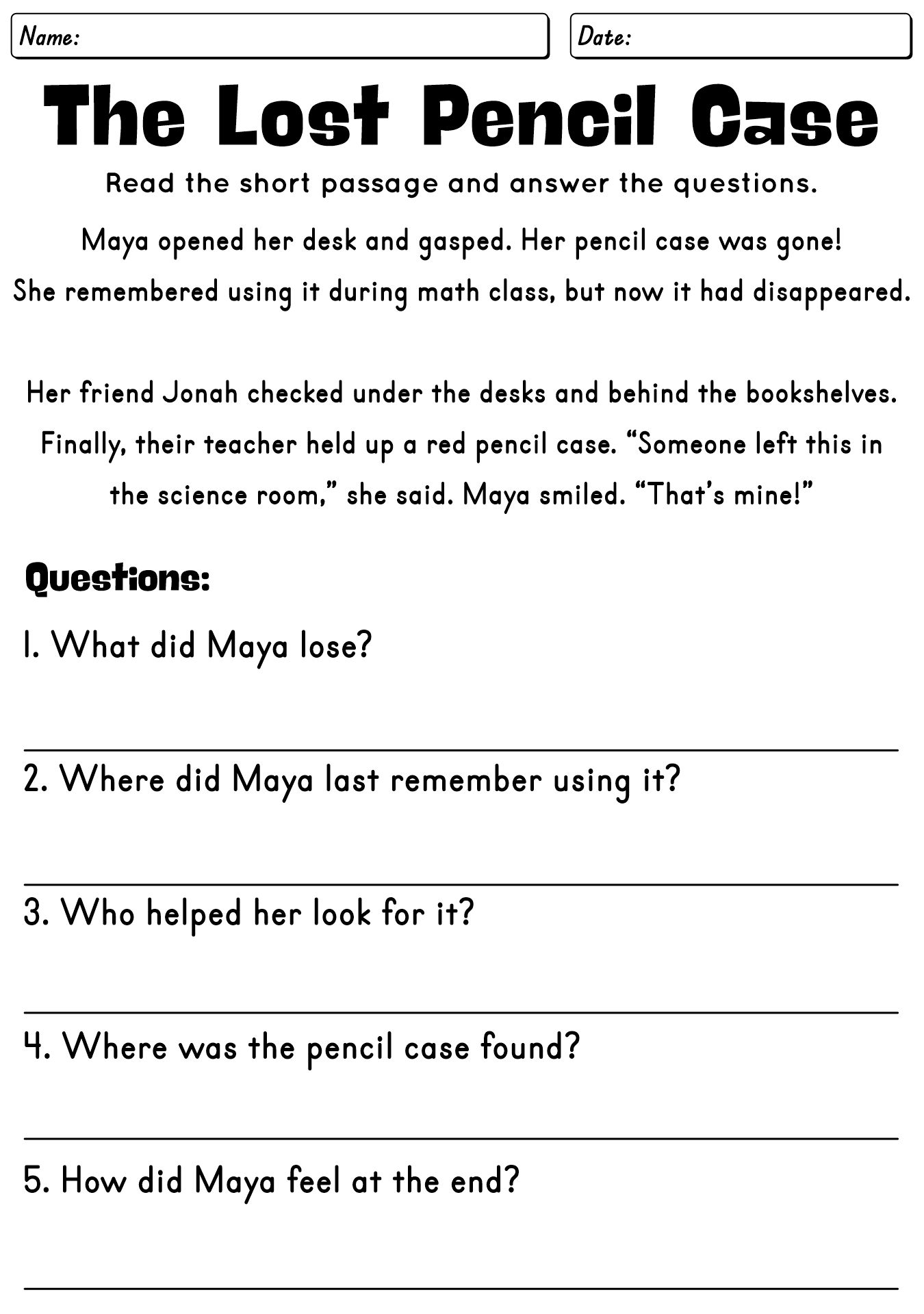 ESL Reading Worksheets Short Story Activities