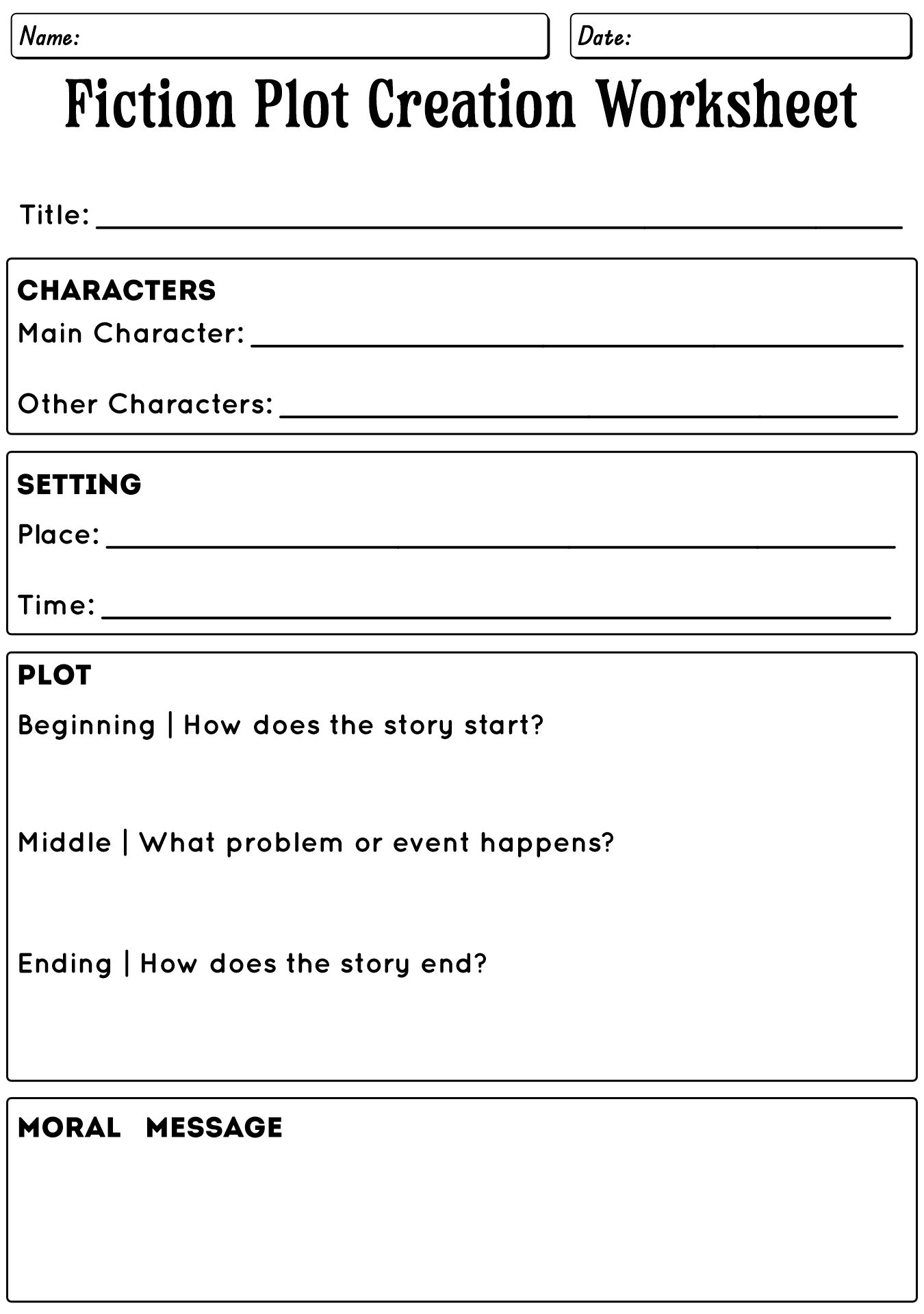 Fiction Plot Creation Worksheet for Short Stories