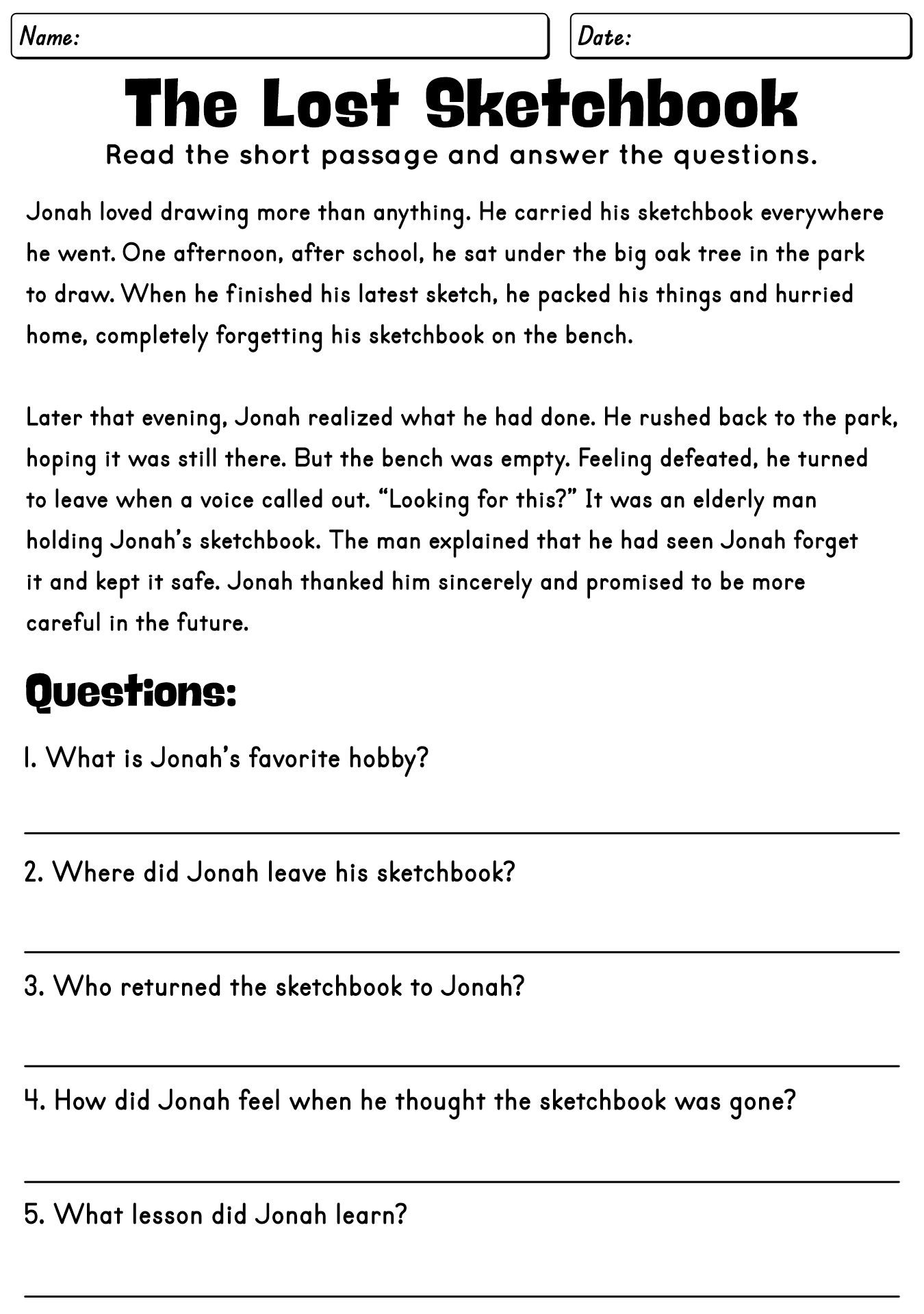 Grade 5 Reading Worksheets Short Story