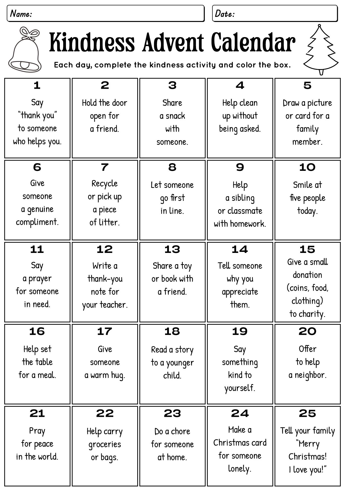 Kindness Advent Calendar Worksheet