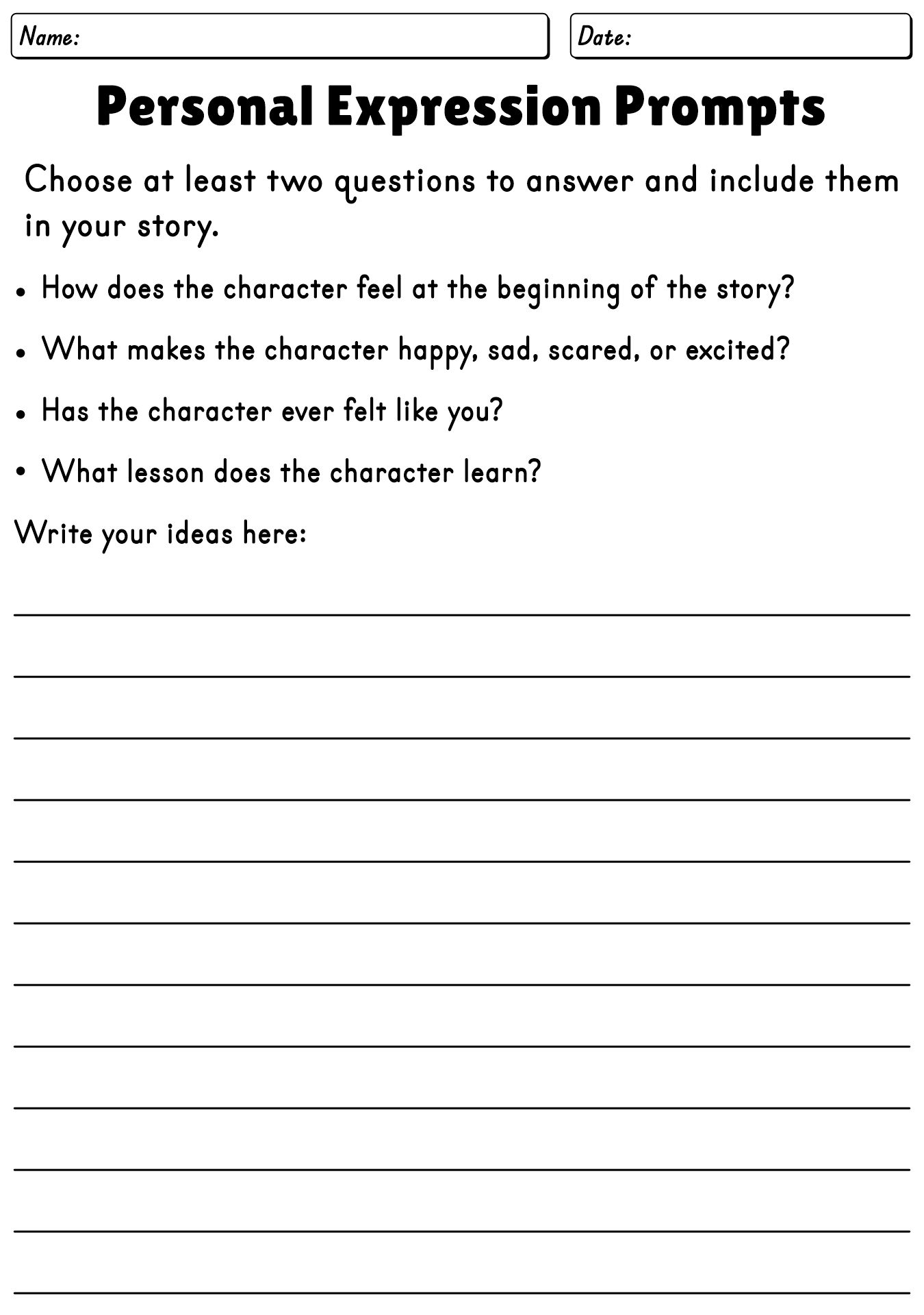 My Personal Expressions: Write A Short Story Worksheet