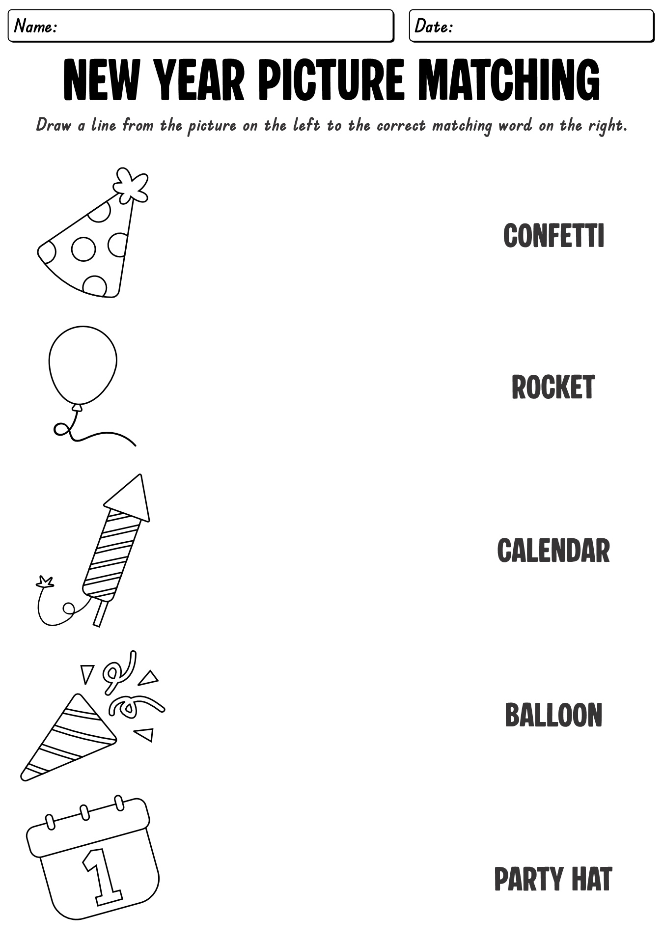 New Year Matching Practice Worksheet